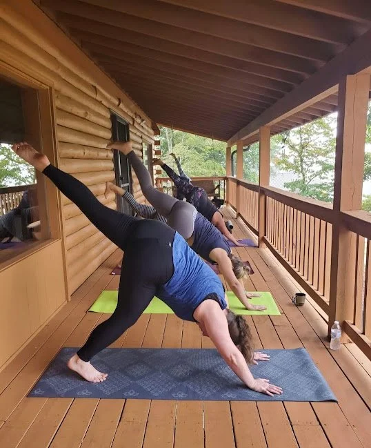 Group of people practicing yoga on a wooden porch, performing downward dog poses on colorful mats with nature view.