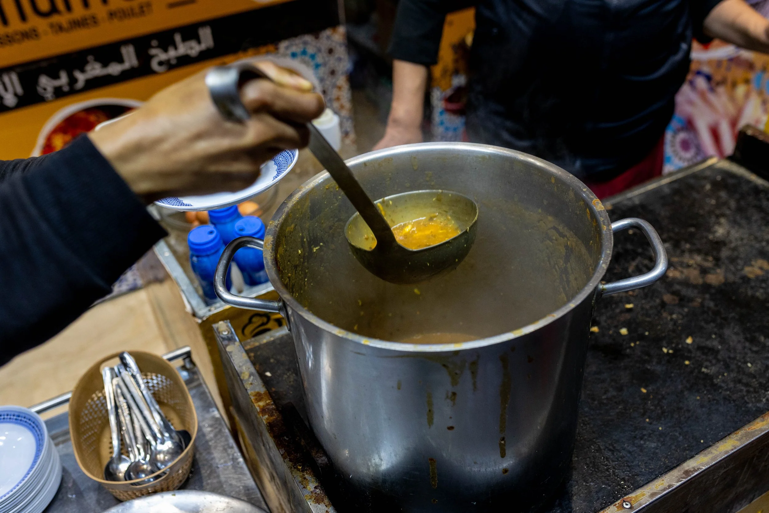 Fresh pot of harira in the Rabat medina