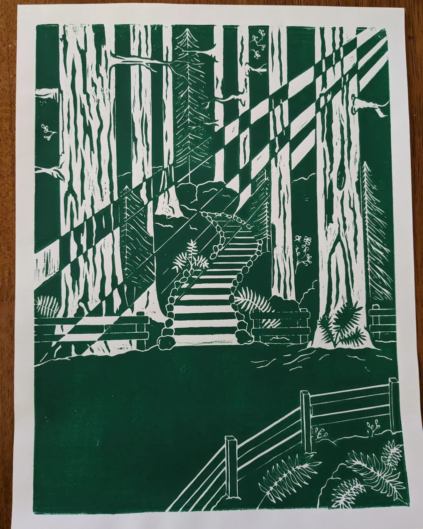 ART &harr;️ TRAILWORK
Check out this lino-cut print by Sarah Dey (@sarahdeydeydey ), inspired by some recent trailwork! 

This past winter, the Redwood Creek Crew (part of @goldengatenps ) re-built this serpentine redwood-and-stone staircase on the B