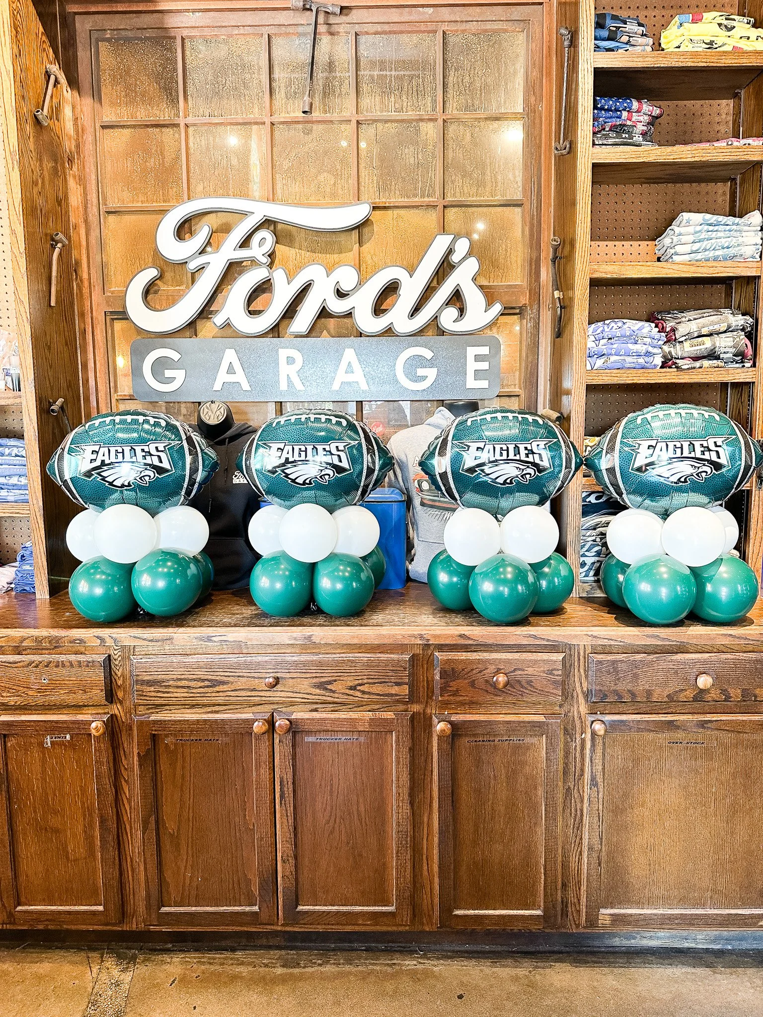 Ford's Garage Super Bowl ballon decor for corporate display.