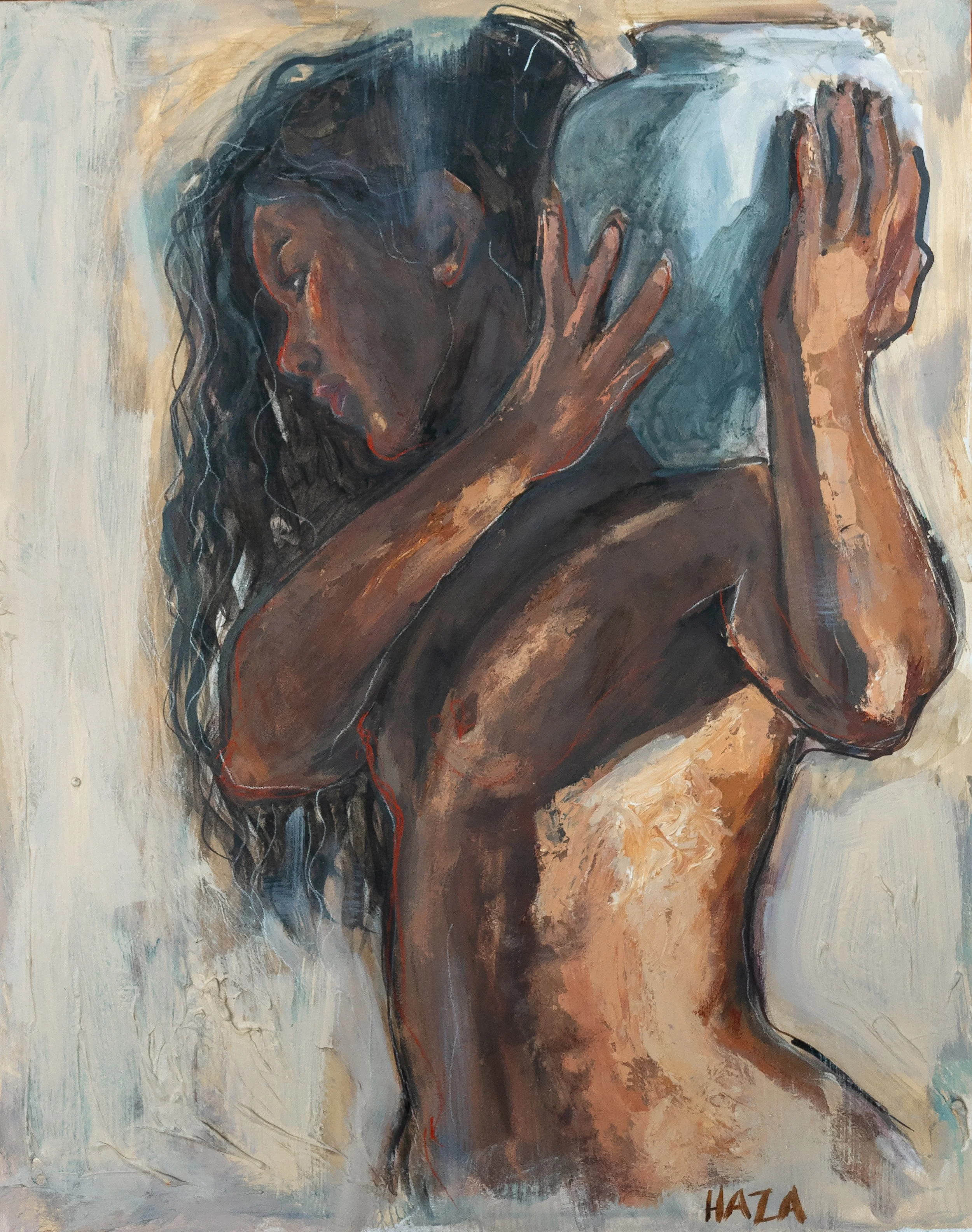 "la aguadora" 16 x 20 charcoal, acrylic, ink on wood