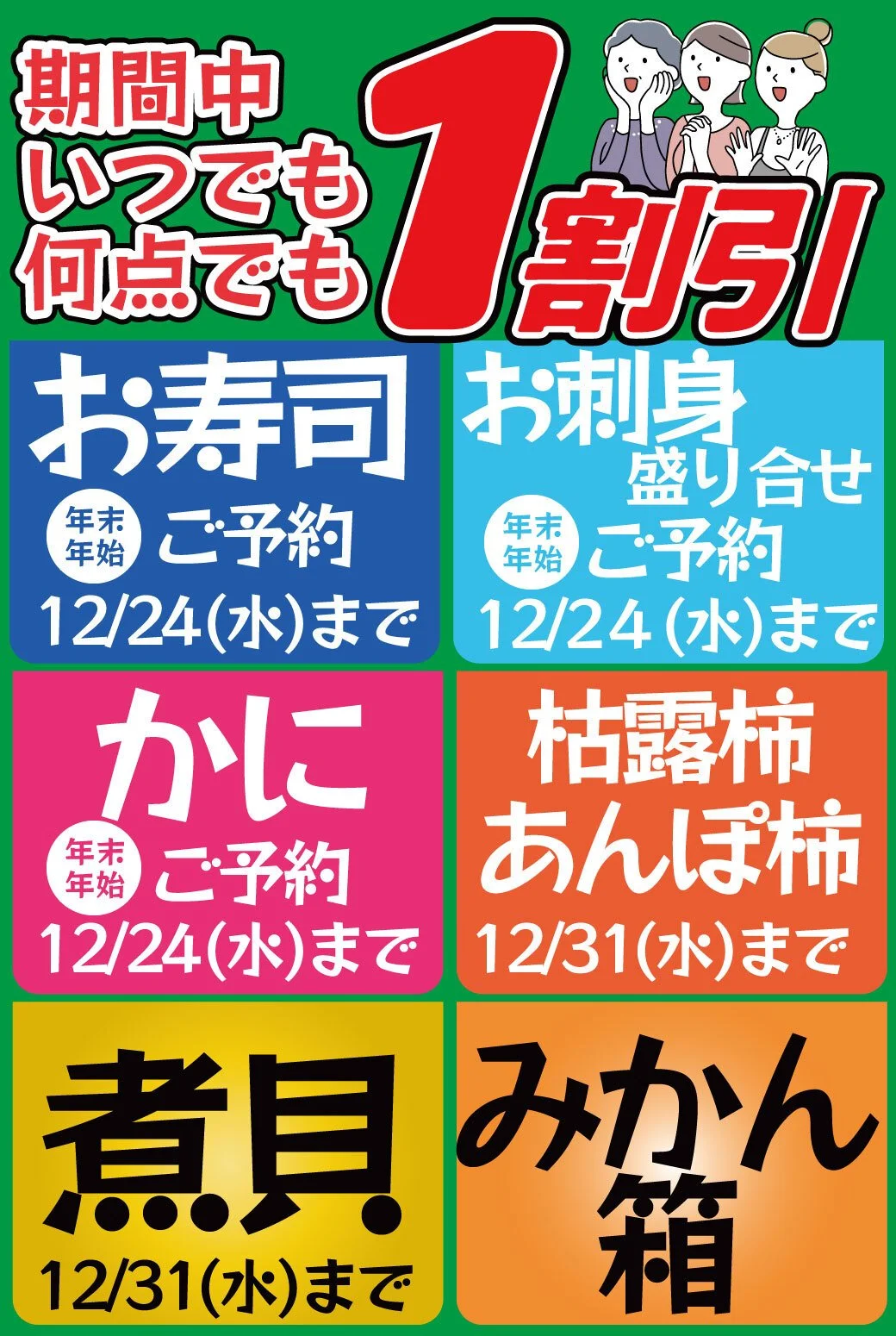 対象商品が【期間中いつでも何点でも１割引！】