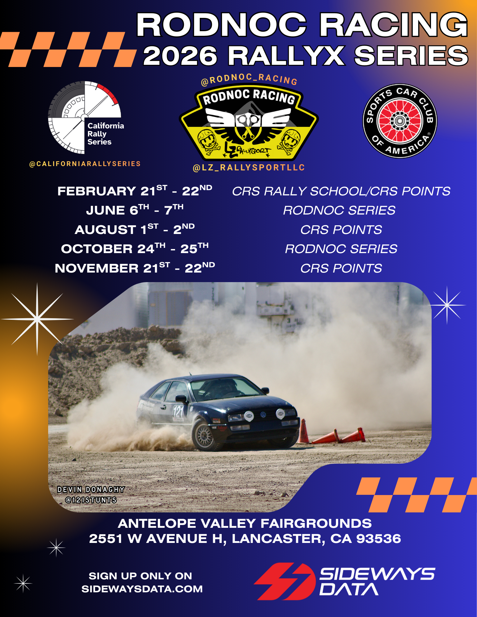 Poster for Rodnoc Racing 2026 RallyX Series featuring event dates, locations, and logos of Rodnoc Racing and Sports Car Club of America. Includes a photo of a rally car kicking up dust at Antelope Valley Fairgrounds in Lancaster, California.