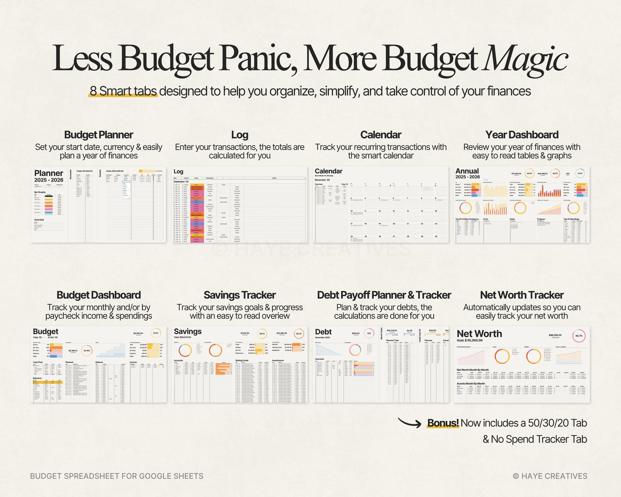 the ultimate budget spreadsheet has 8 tabs plus 2 bonus tabs