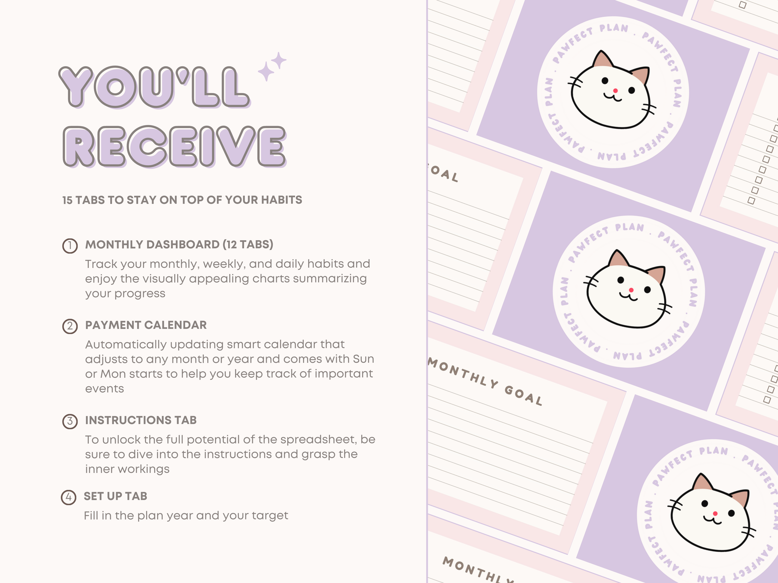 Habit Tracker | Aesthetic Pastel Purple Cute Cat Theme | Habit Tracker | Google Sheets