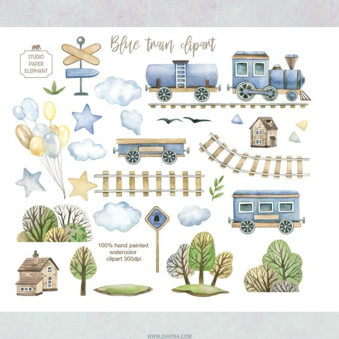 Watercolor Blue Train Kids Clipart: Ideal for Baby Boy Birthday Parties and Baby Showers - PNG Collection by StudioPaperElephant!