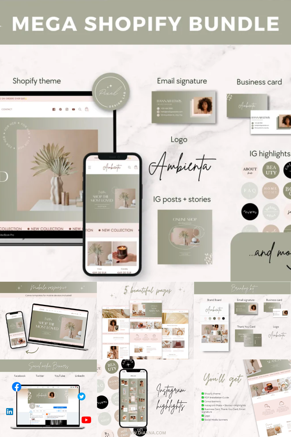 Elevate Your E-Commerce Game: Sage Mega Shopify Bundle - Boho Theme Template, Branding Kit, and Canva Templates! Craft Stunning Instagram Posts with PixelDesignLab for Maximum Engagement!