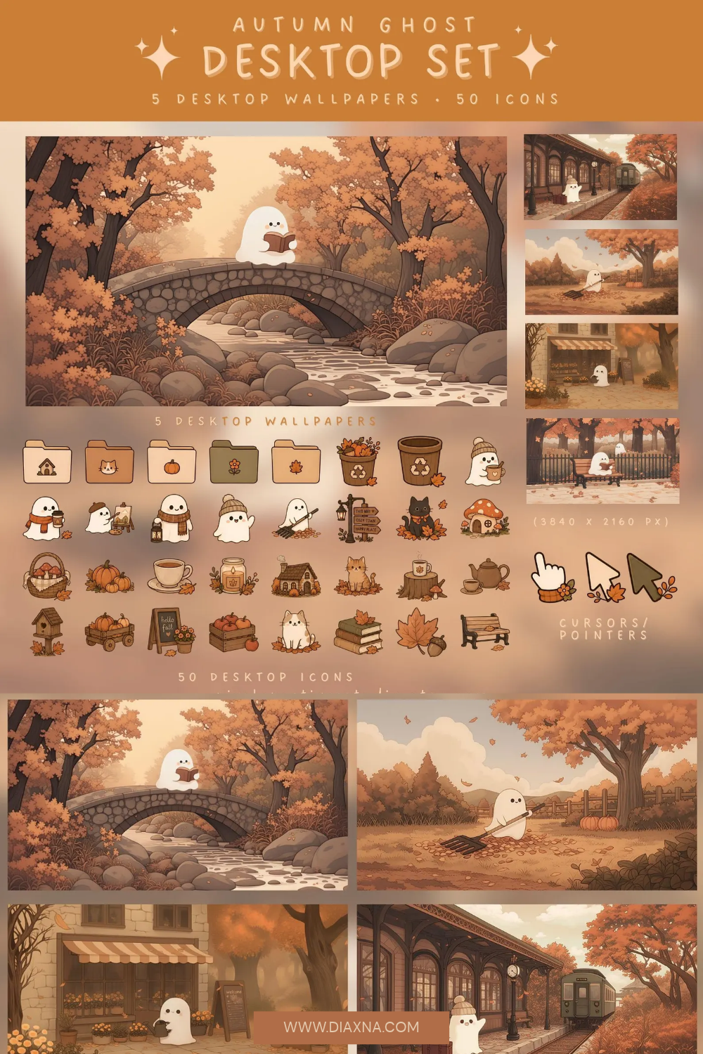 Cute Ghost Autumn Desktop Icons &amp; Cozy Halloween Wallpaper Set — By PixelCreativesStudio