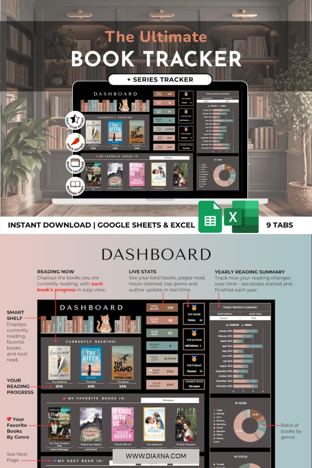 Dark Mode Book Tracker & Digital Library Spreadsheet by JrenDigital