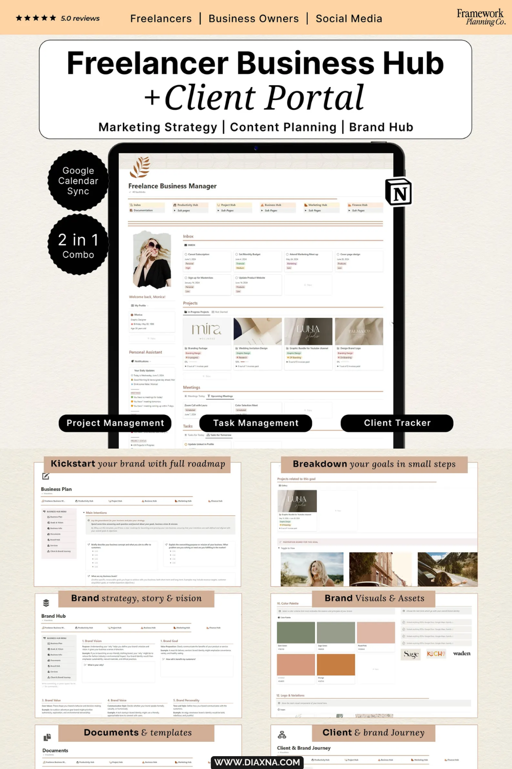 Freelancer Hub Notion Template by FrameworkPlanningCo for Managing Clients, Projects & Online Business Workflows