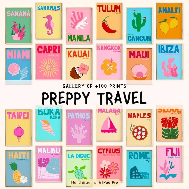 100 Preppy Travel Wall Art Prints for a Colorful City & Beach Gallery Wall by ThatHipPrint