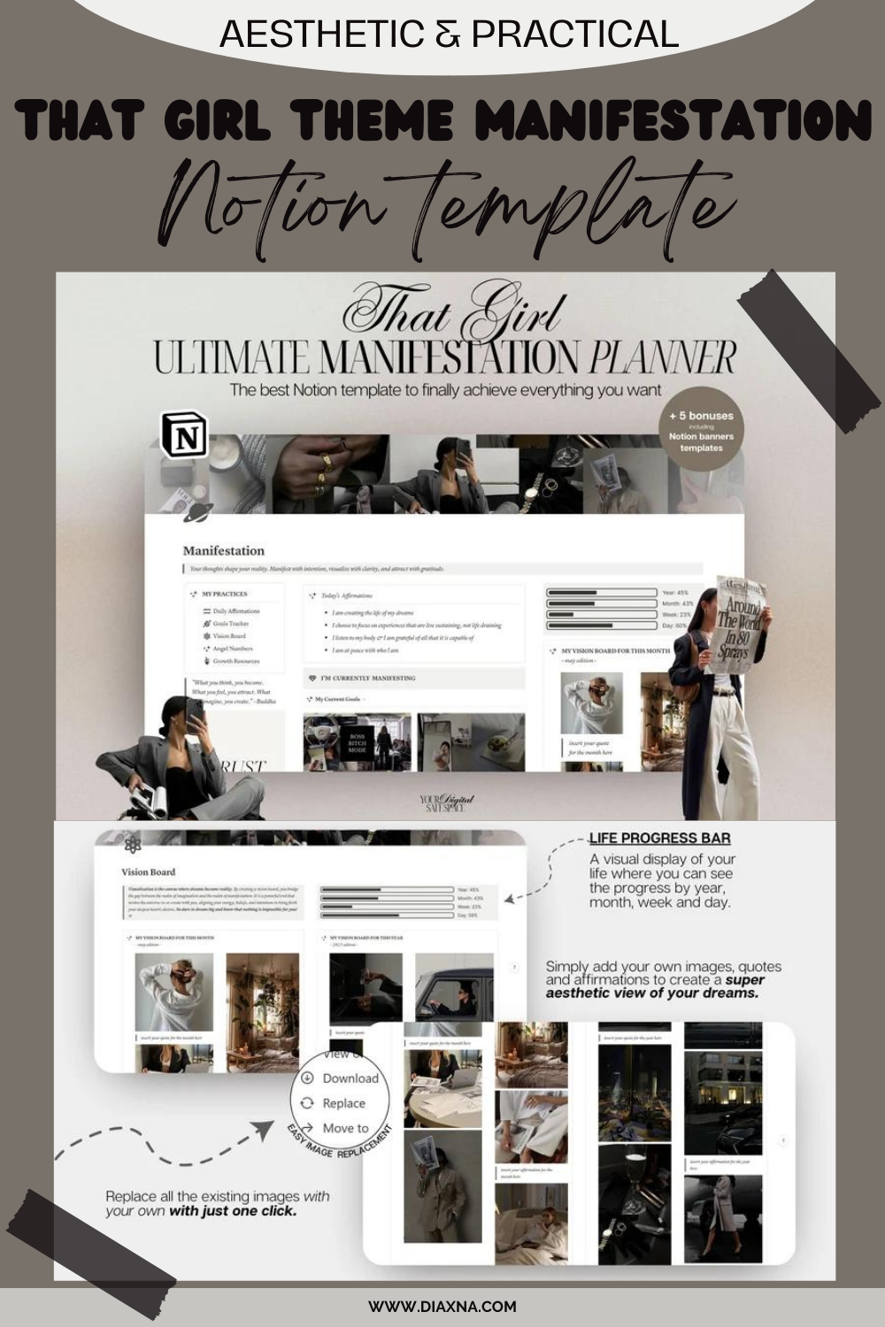 Manifest in Style with Notion: That Girl Aesthetic Journal by  YourDigitalSafeSpace - Elevate Your Manifestation: That Girl Theme  Aesthetic Vision Board and Goal Tracker Notion Dashboard Template — DIAxNA