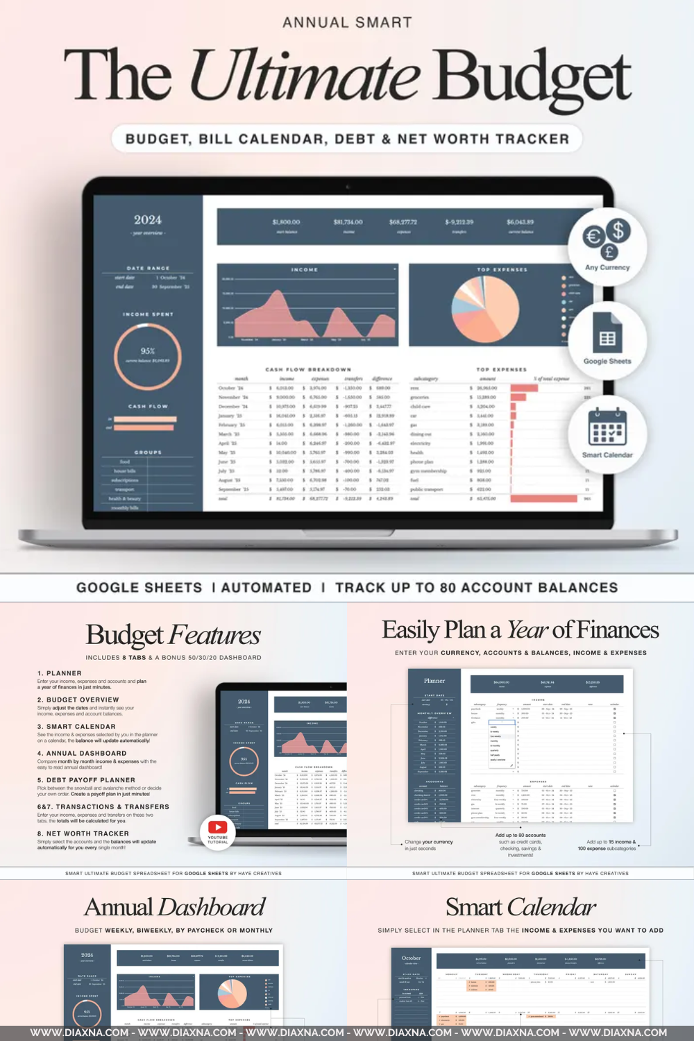 Annual Budget Spreadsheet for Google Sheets by HayeCreativesCo: Monthly, Weekly & Biweekly Paycheck Budget Planner with Debt Payoff Tracker and Bill Calendar