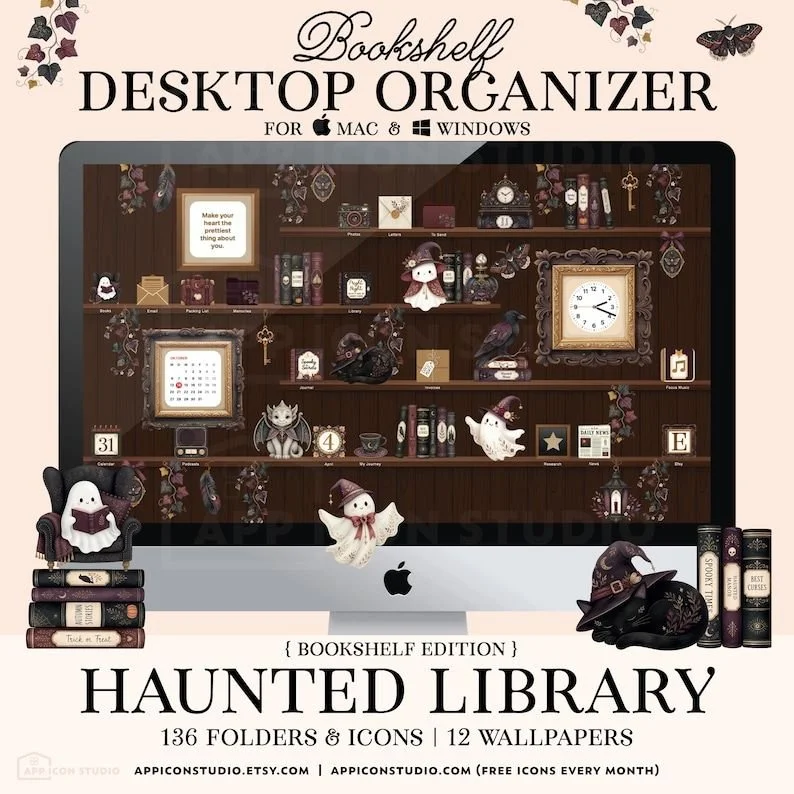 Haunted Library Gothic Desktop Organiser & Wallpaper by AppIconStudio