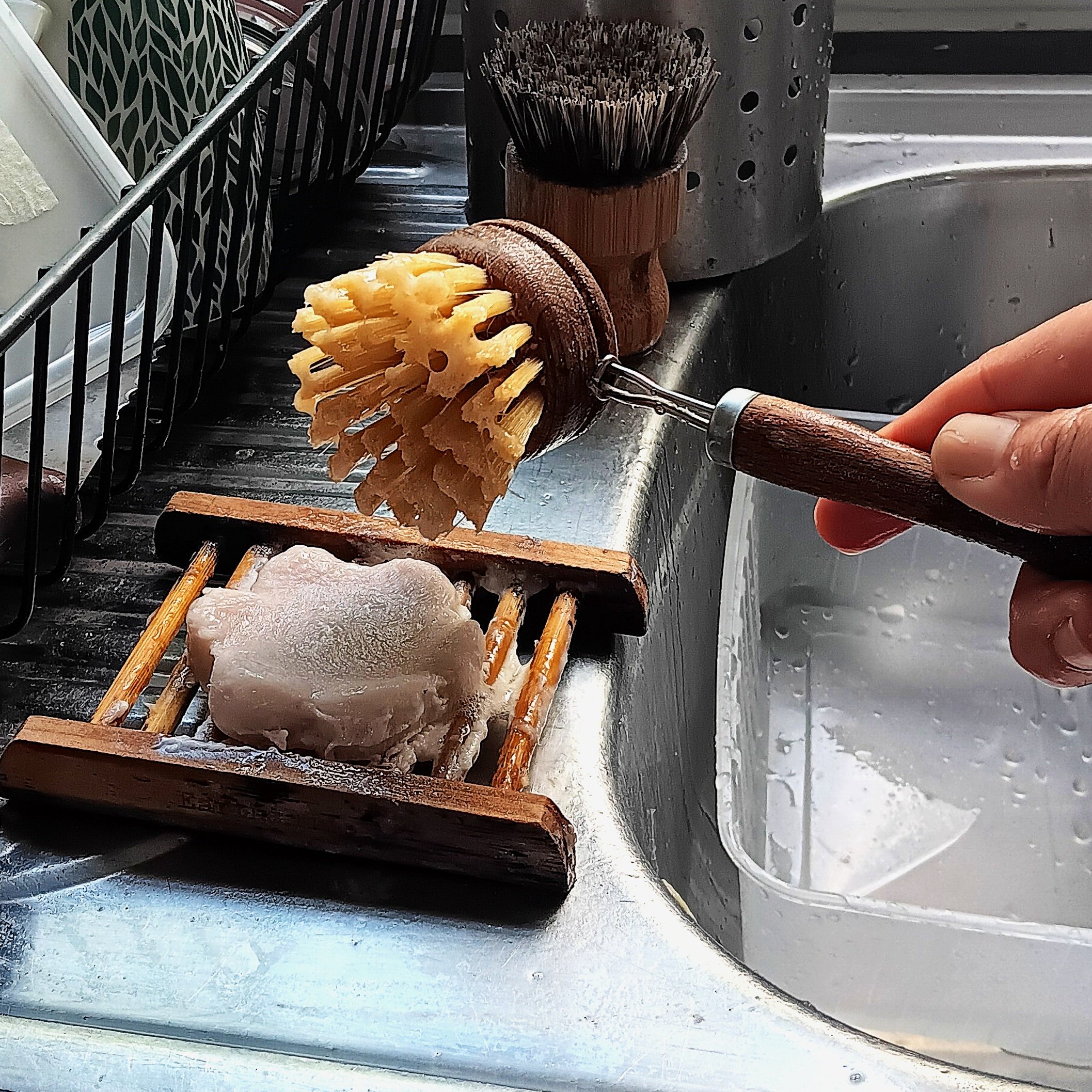 Wet your dish brush and rub the brush against dish soap to pick up some products.