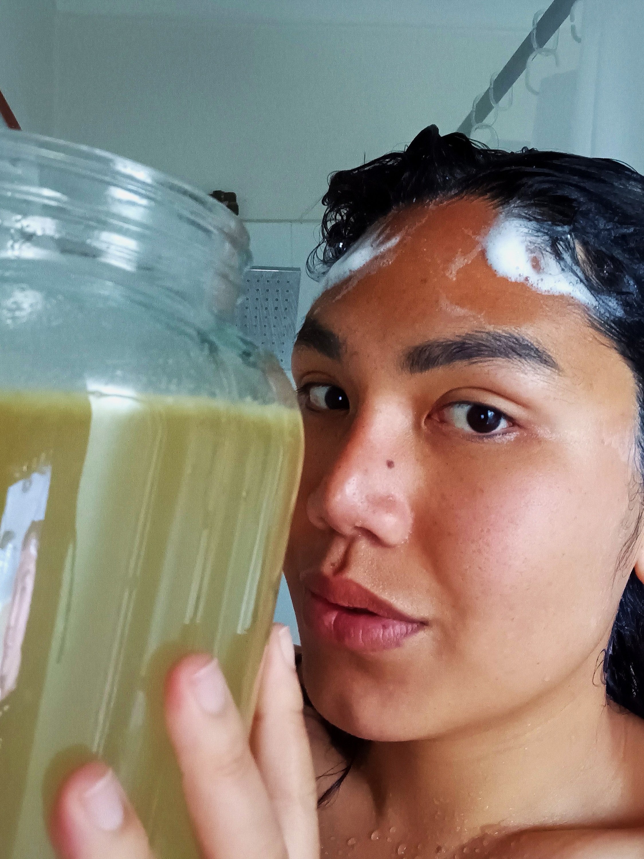 Use this mild acid solution to rinse hair after to clean any build up and give hair shine.