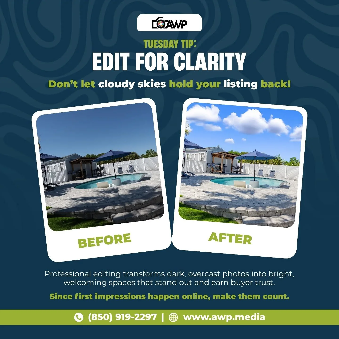 Cloudy photo? Say no more.
Your listing deserves better than a gloomy sky.

Tuesday Tip: Brighten it up!
With the right edits, a dull photo can turn into a vibrant, scroll-stopping image that grabs attention fast. Because buyers don&rsquo;t read list