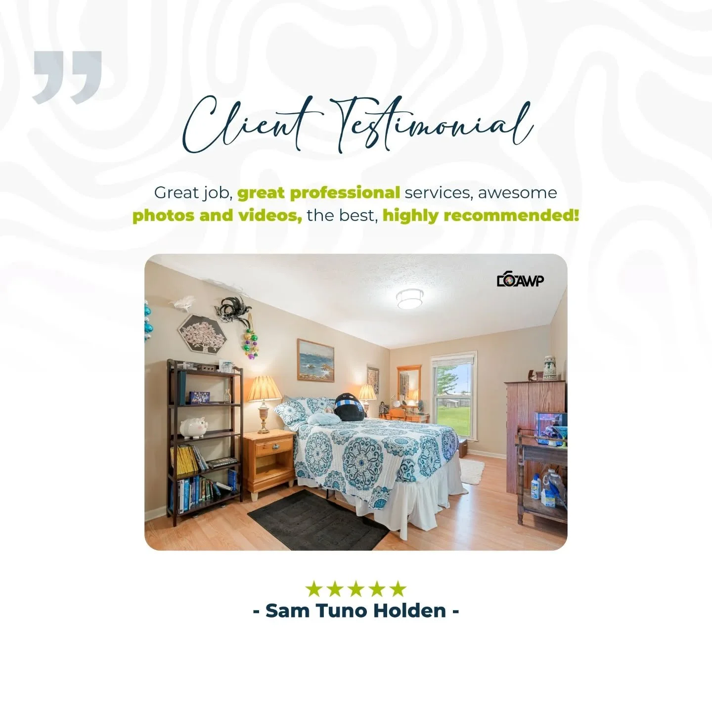 Client Love Makes Our Day!
&ldquo;Great job, great professional services, awesome photos and videos, the best, highly recommended!&rdquo;
 &mdash; Sam Tuno Holden

We&rsquo;re grateful for amazing clients like Sam who trust us to capture their spaces