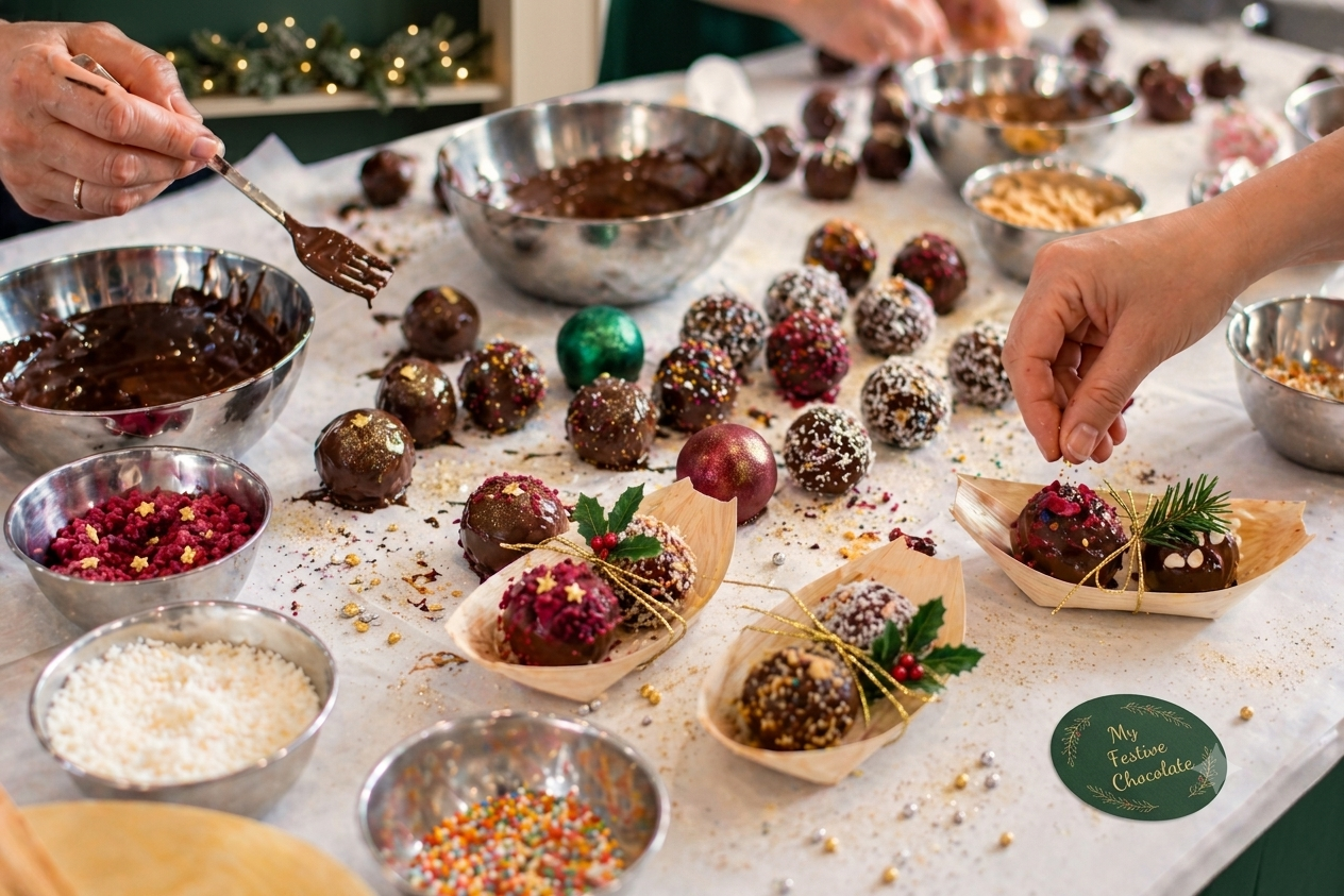 Chocolate Truffle Making Workshop. 
Make festive fresh cream truffles with our entertaining chocolate expert hosts. You can upgrade to our luxury edition or even make chocolate cocktails! We will bring all the ingredients & equipment to you, or it c