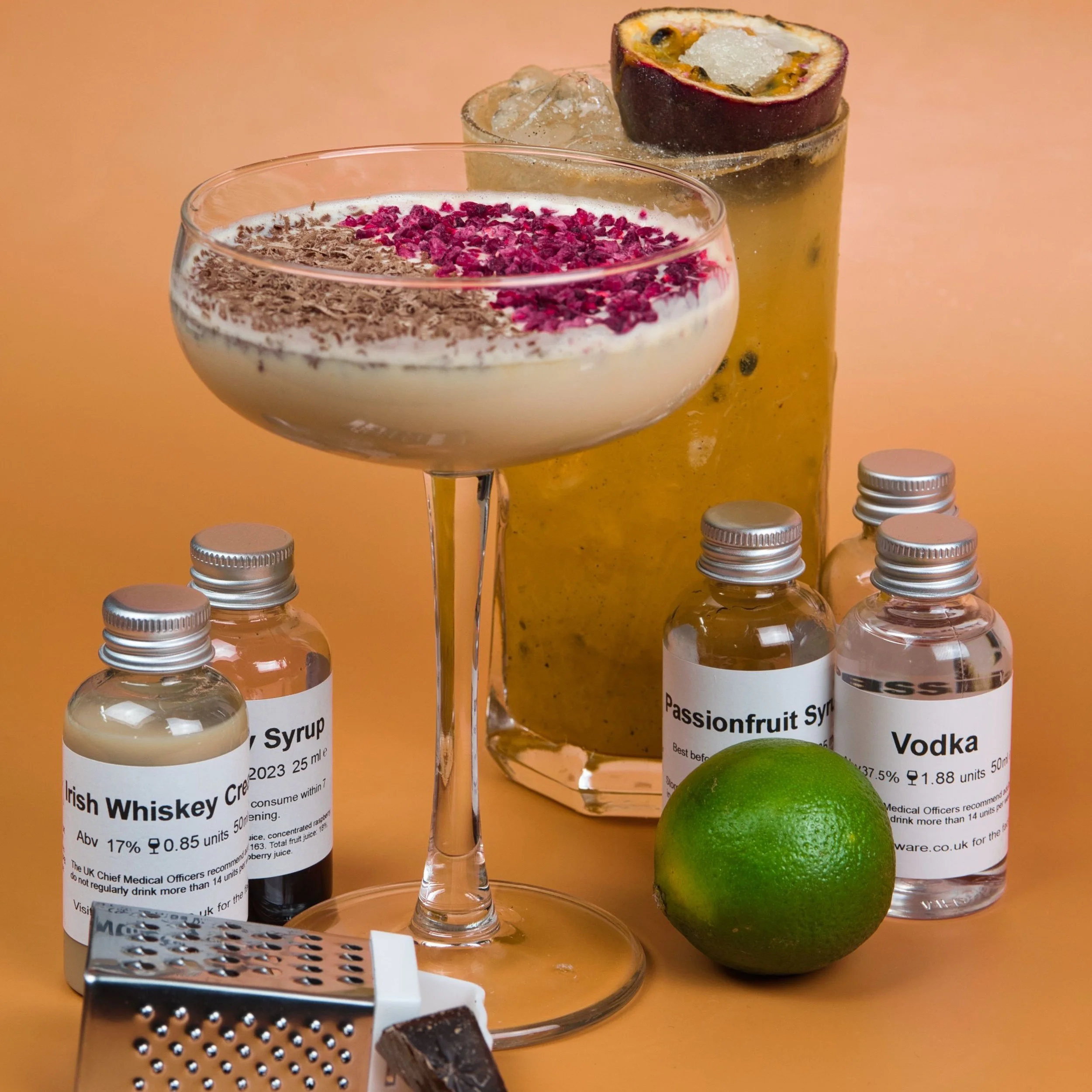 Cocktails with ingredients and equipment