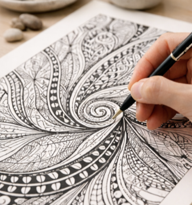  Calm Lines Mindful Drawing. 
A guided creative wellbeing session where participants explore calming illustration techniques such as continuous line drawing, pattern making, and simple abstract compositions which helps with focus, stress reduction, a