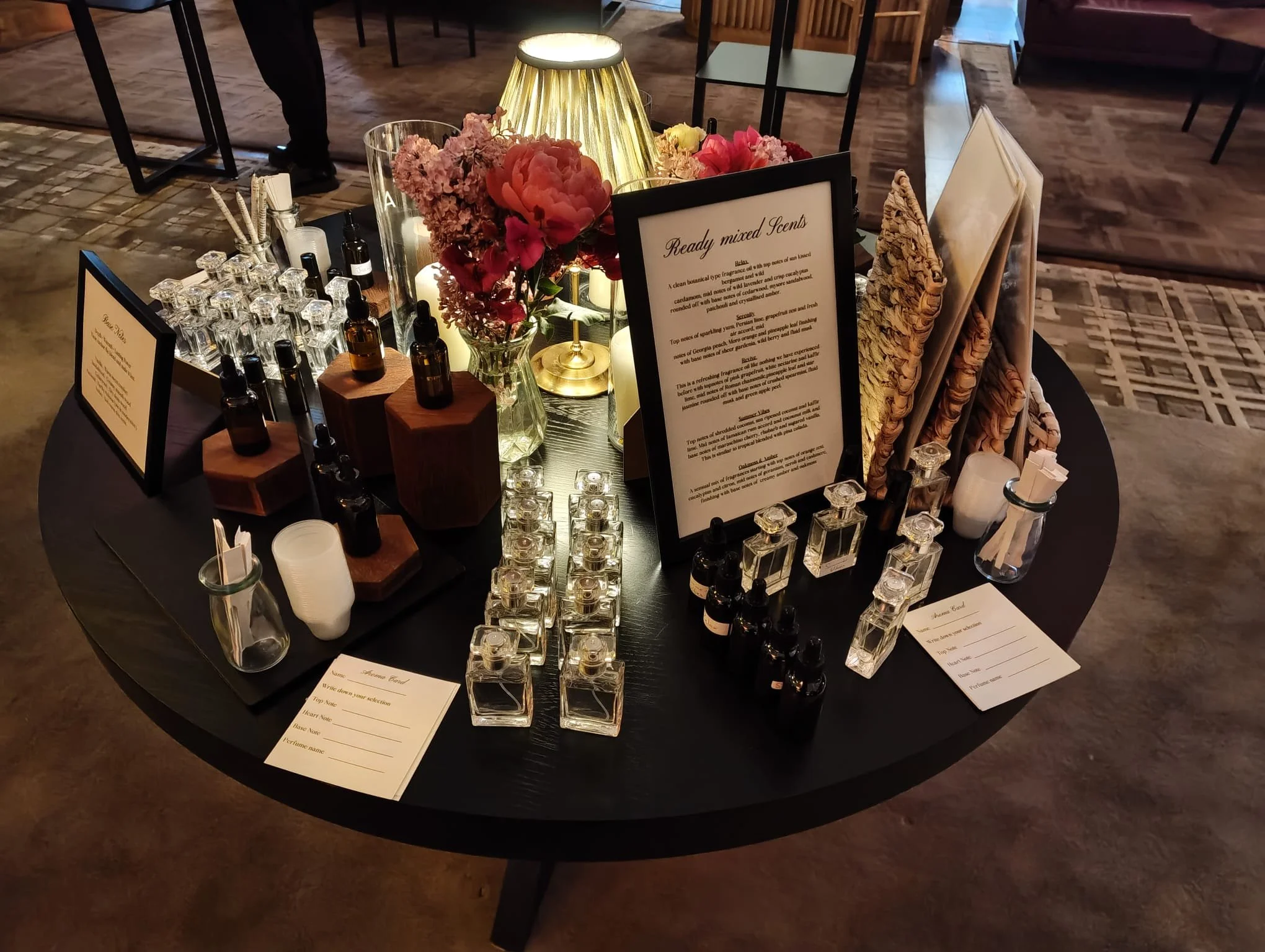  Perfume Station. 
Participants design a custom fragrance and transform it into a beautiful perfume that fits their style. It’s an elegant way to enjoy their personalised aroma.
 £35pp. 
 
Audience: Adults,
Activity: Hands on & Creative Activity,
Act