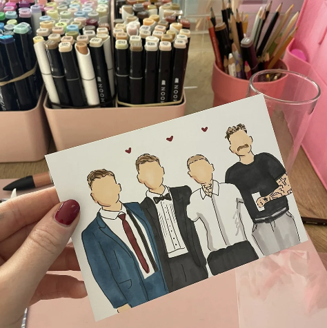  Live Guest sketches. 
Our artist gets a quick snap of the guest, up to two people per sketch, and gets to work! A sketch takes around 10 minutes to produce, the sketches are packaged and displayed for guests to collect at any point in the event! 
 