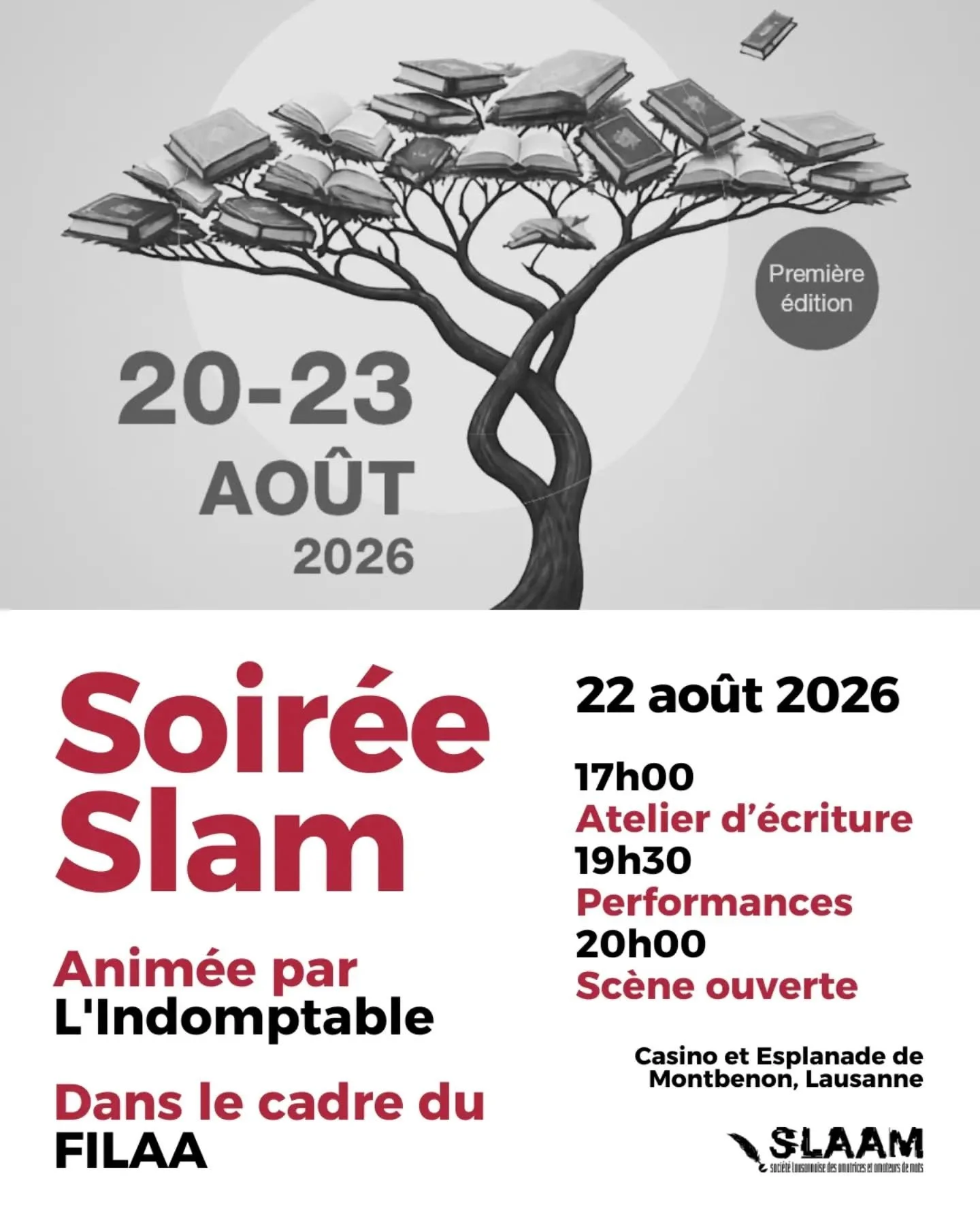 L’Indomptable anime un atelier ainsi qu’une scène slam et prend part à une performance le 22 août à Montbenon!