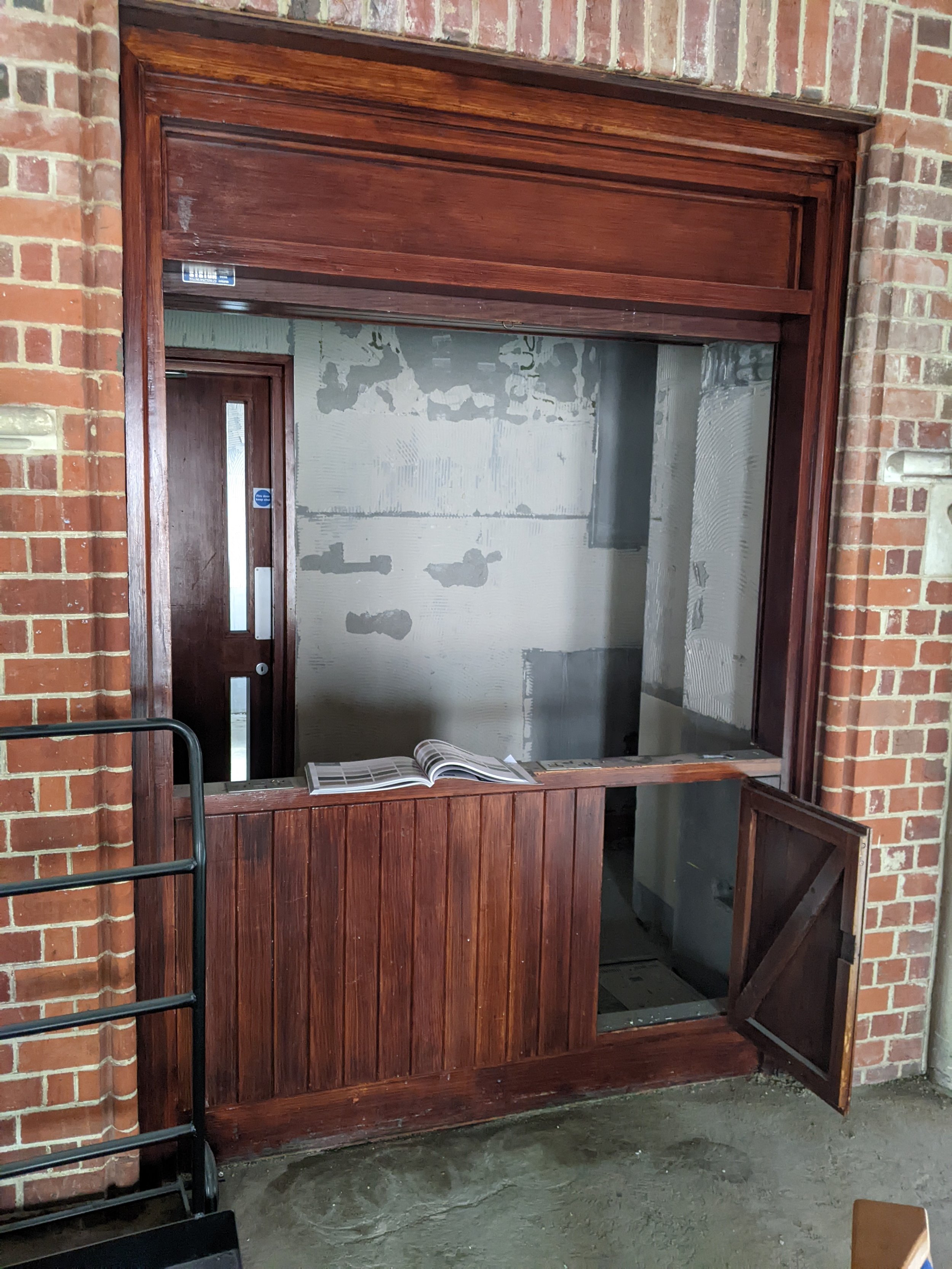 Gallery servery stripped out and measured up for cupboards and counter