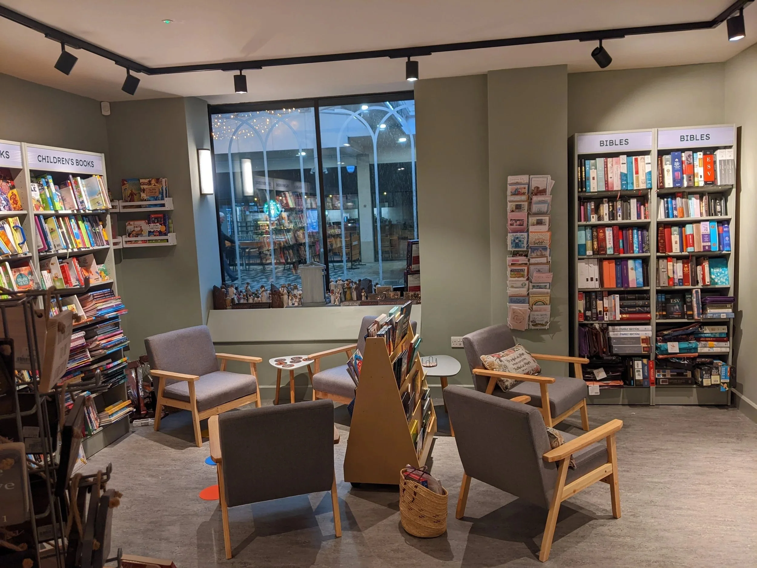 Cosy seating and children's area in the bookshop