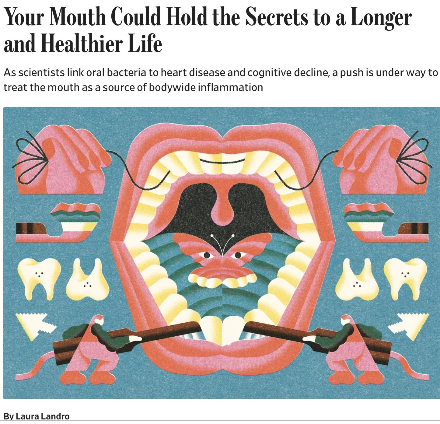 Illustration of an open mouth with teeth, tongue, and surrounding inside anatomy, with toothbrushes, dental tools, and teeth around it, promoting oral health.