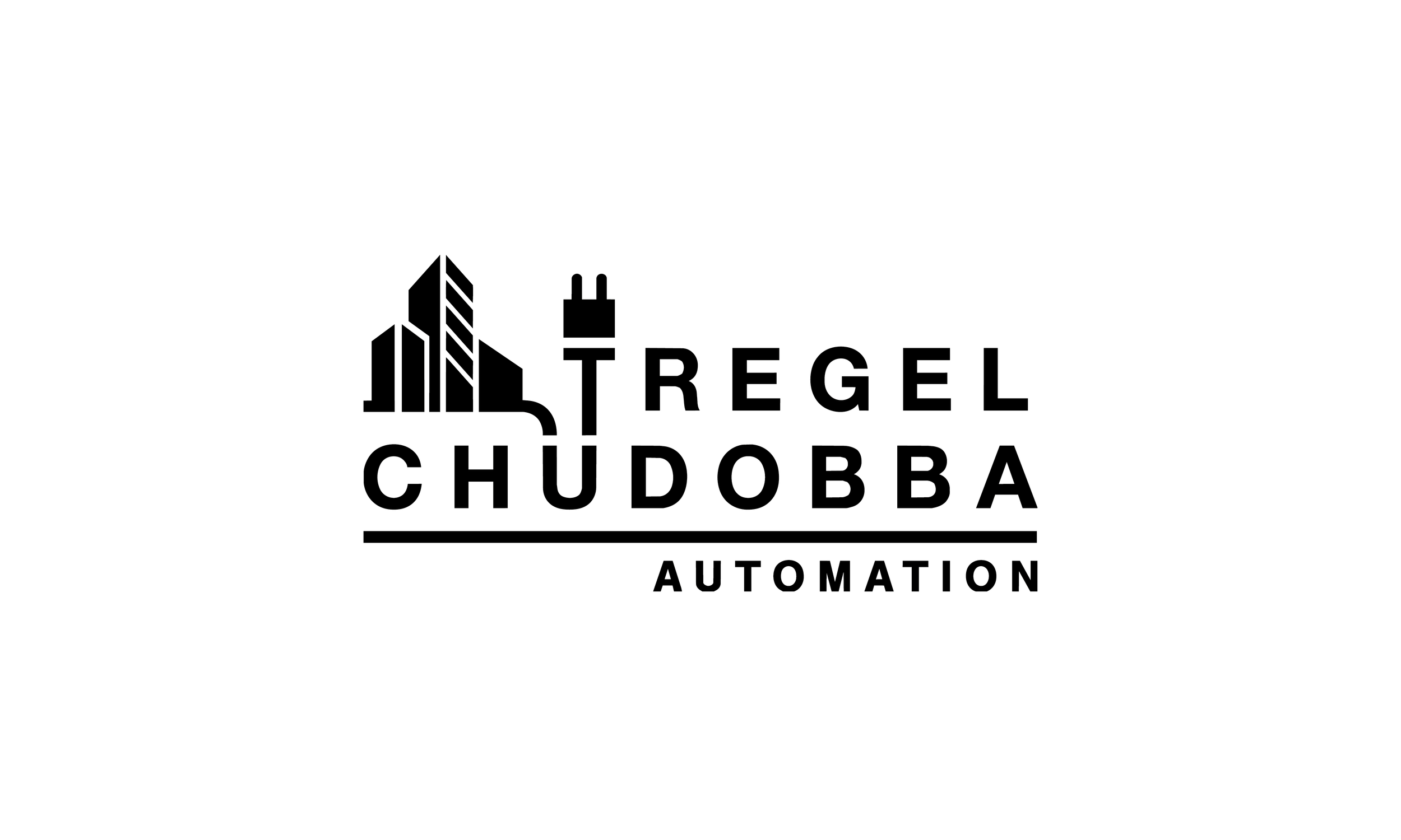 Logo mit stilisierten Gebäuden, einem Steckerkabel, und dem Text 'Regel Chudoba Automation'.