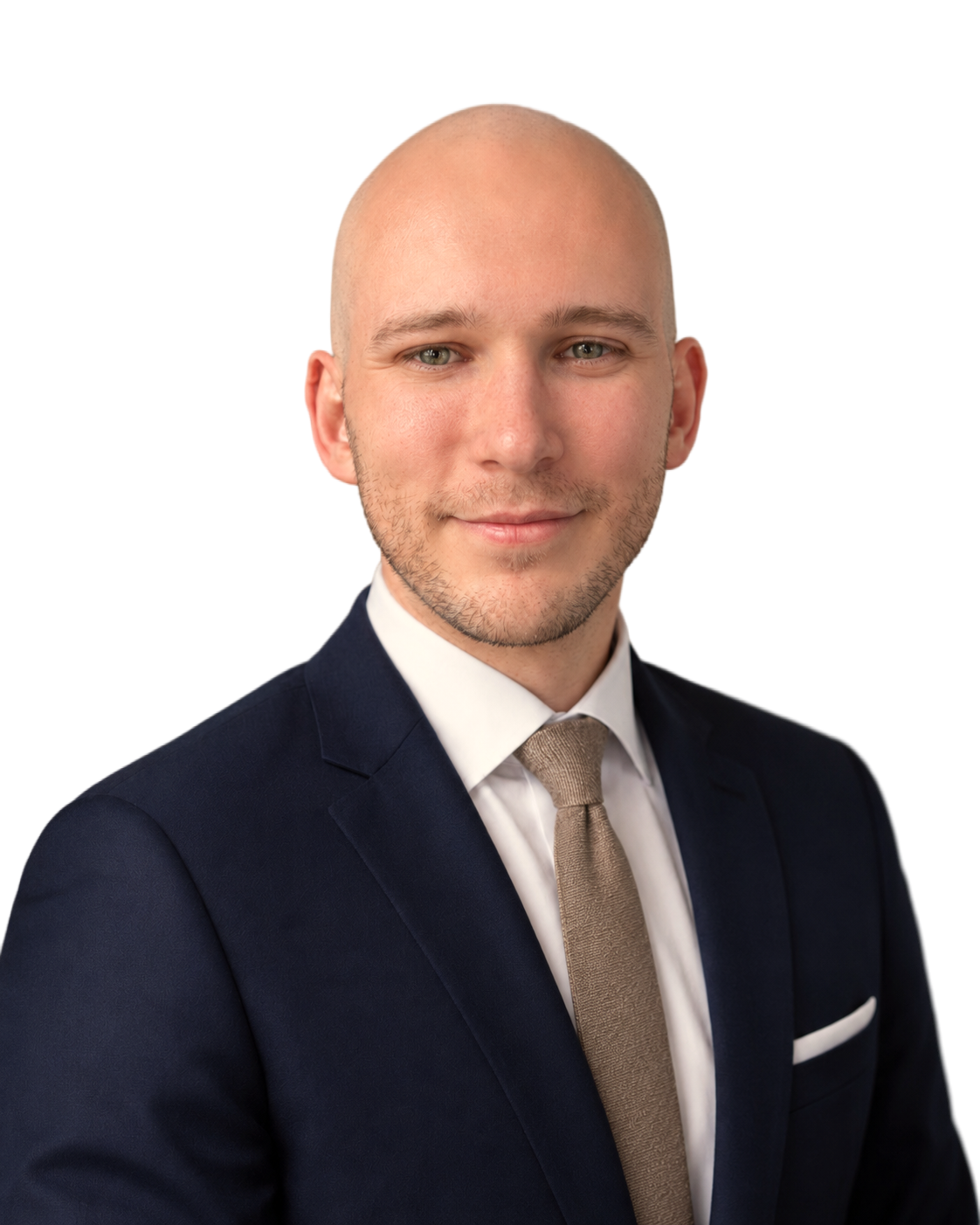 A professional man in a dark suit, white shirt, and beige tie standing in front of a colorful background with shapes and colors.
