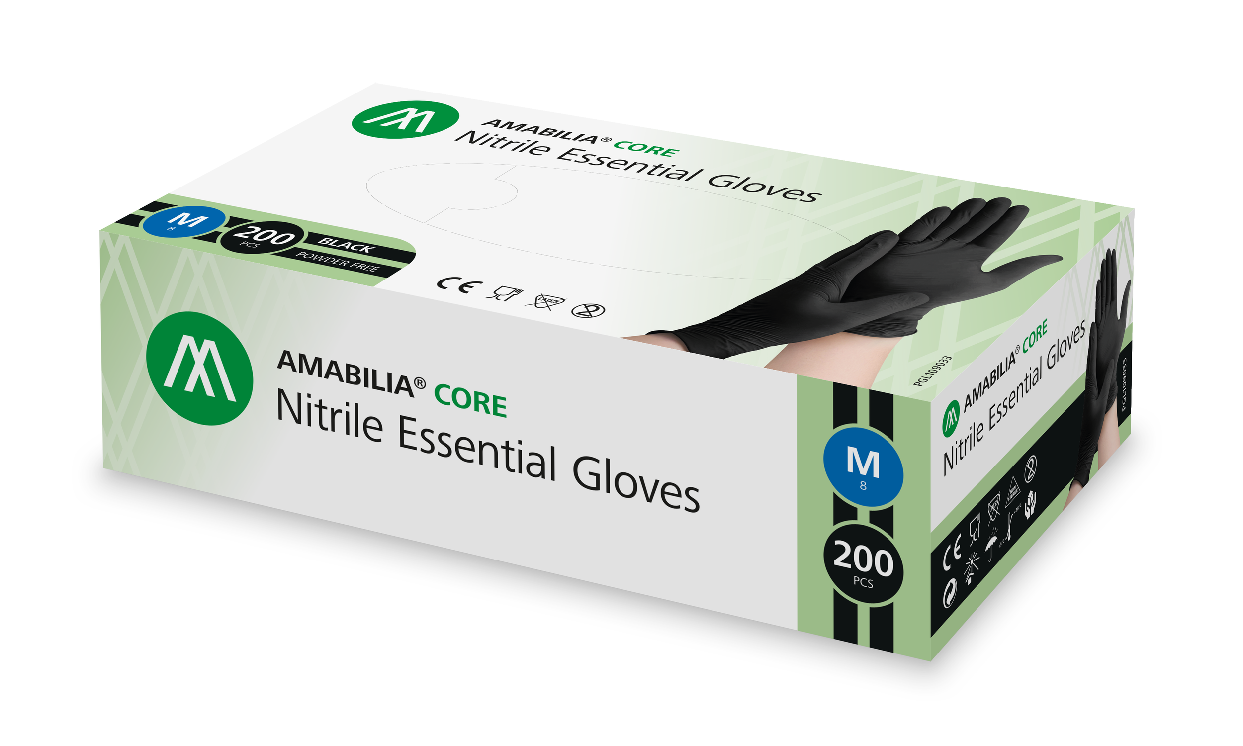 White package with green and black details, contains 200 black nitrile gloves in size M.