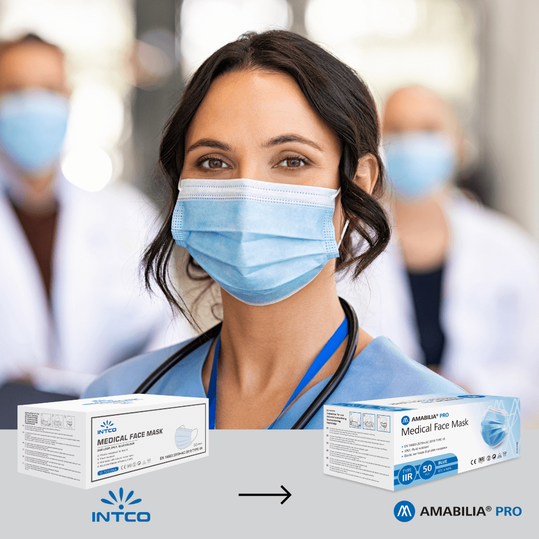 Medical staff in blue uniforms with stethoscopes stand behind two packs of medical Face Mask - one from INTCO and one from AMABILIA PRO.