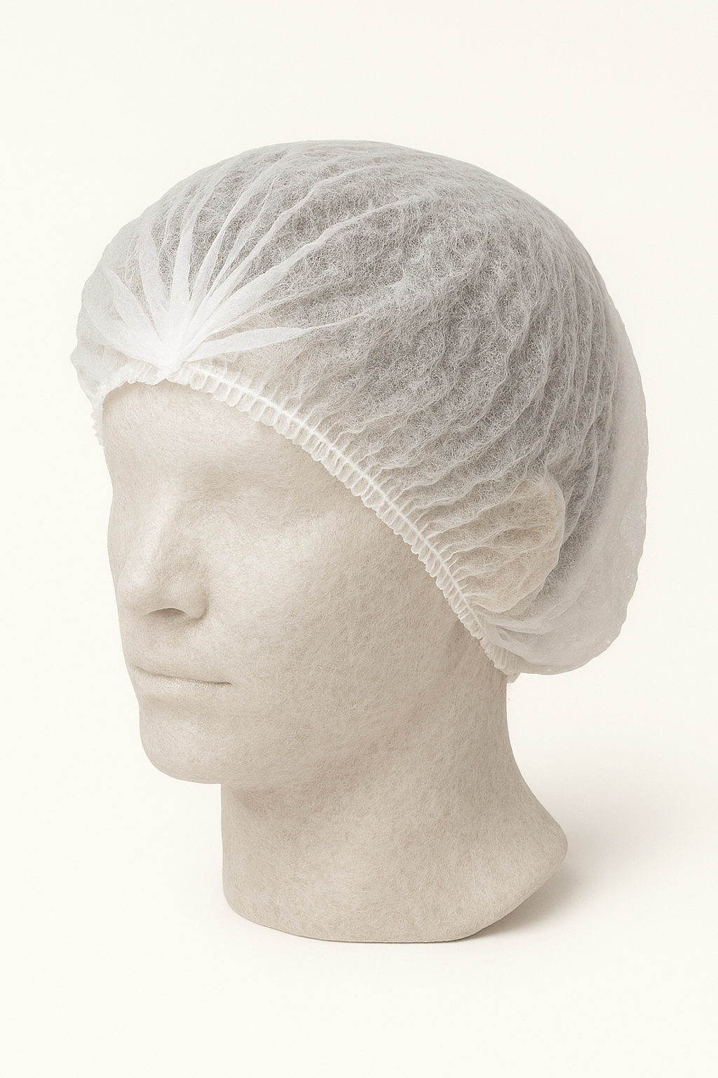 Close-up of a display head with white disposable hairnet