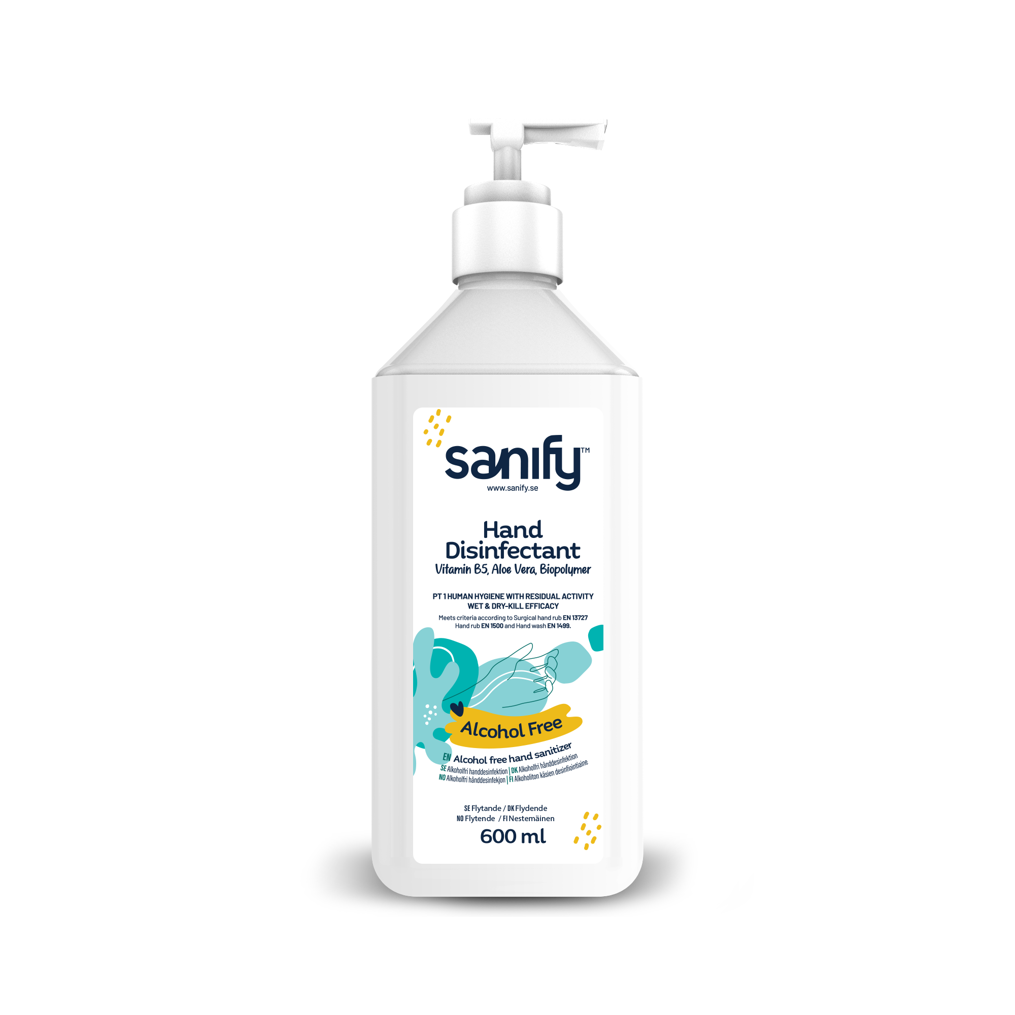 Pumpflaska med Sanify alkoholfri flytande handdesinfektion.