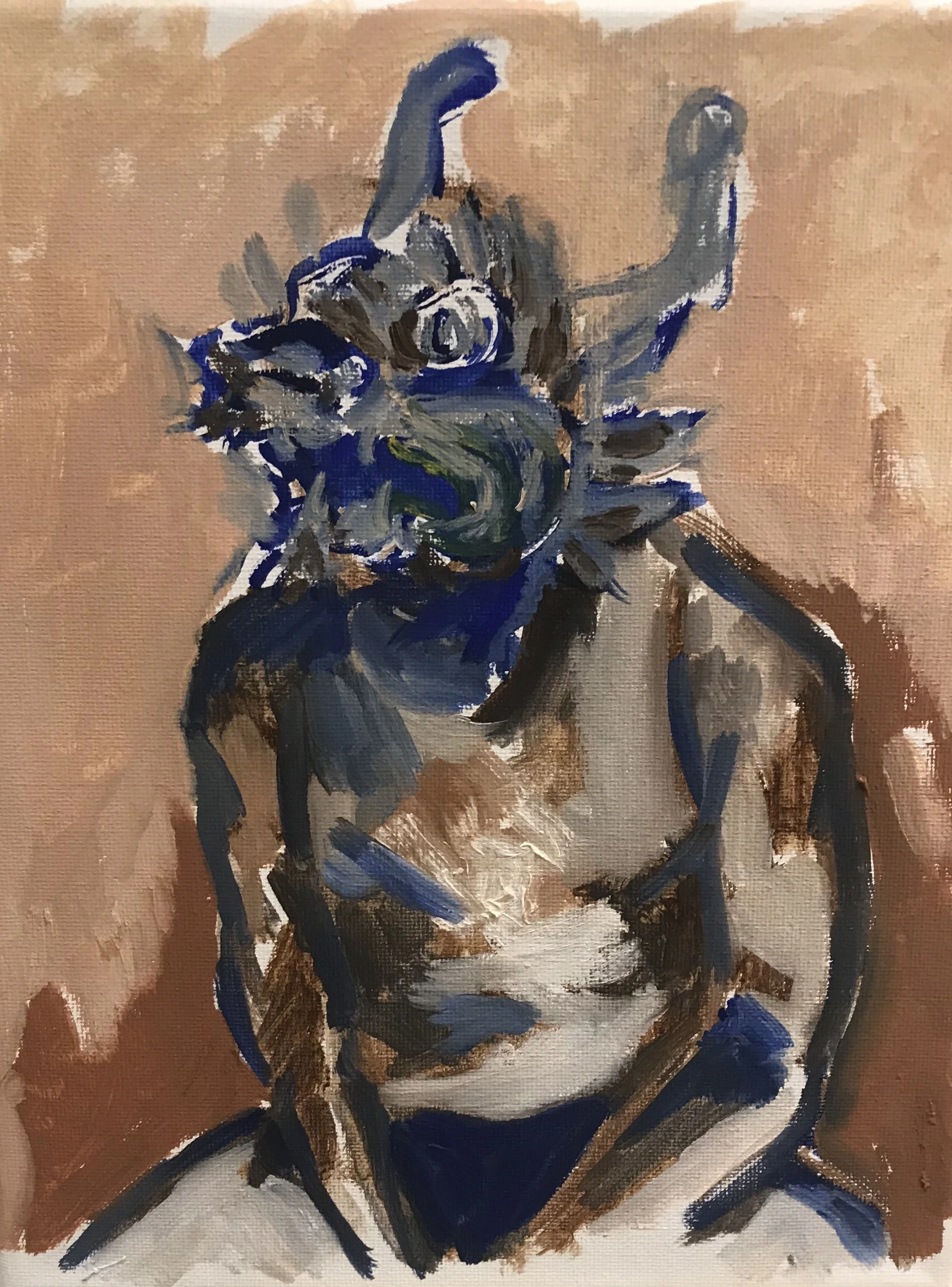 title: self portrait study for blue painting (oil on canvas) 2021 , by anna ginsburg
