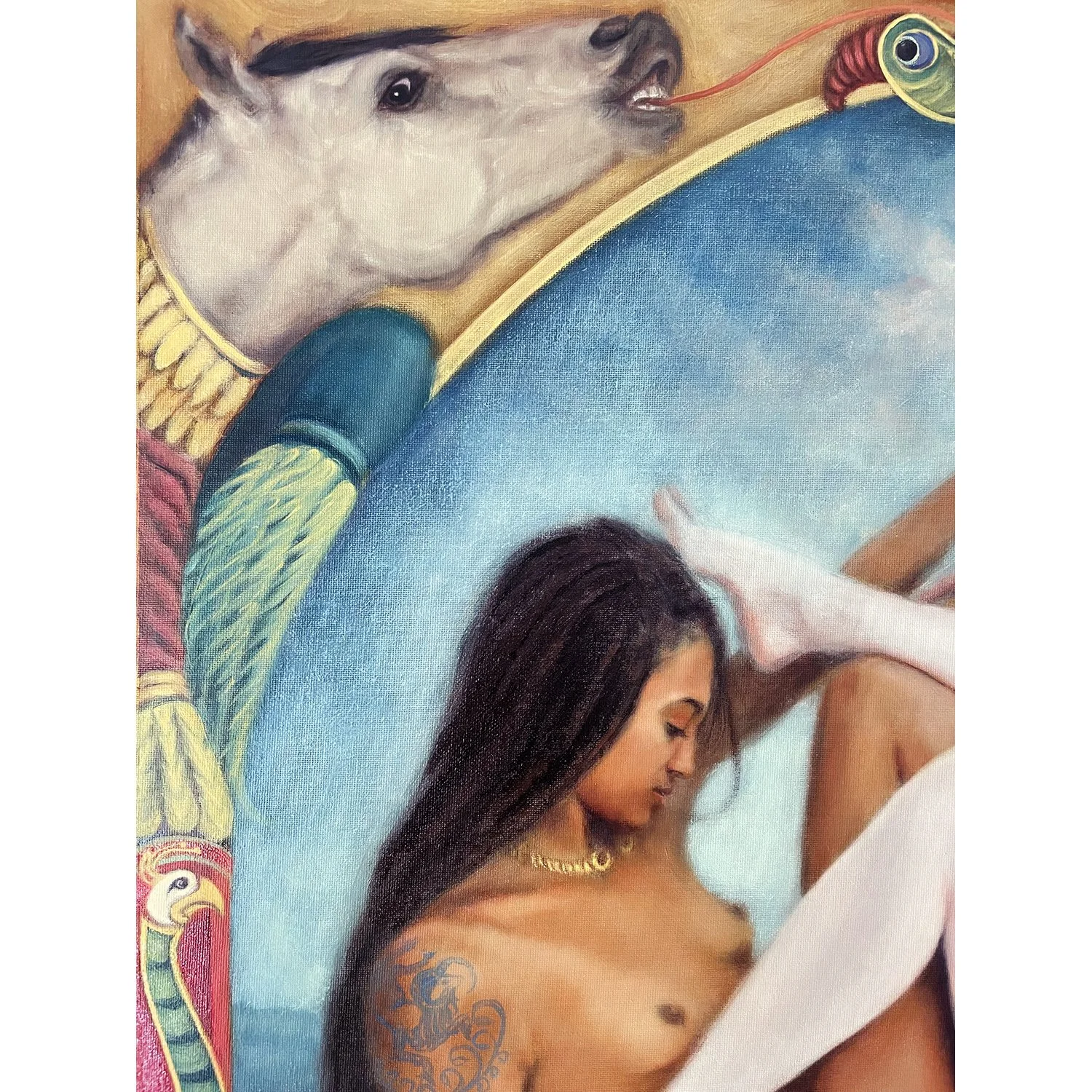 Detail of Pact, showing the Ancient Briton goddess and the feet of the Anglo Saxon goddess, together with the narrative borders showing a white horse mythical beast. By British artist Karina Tarin.