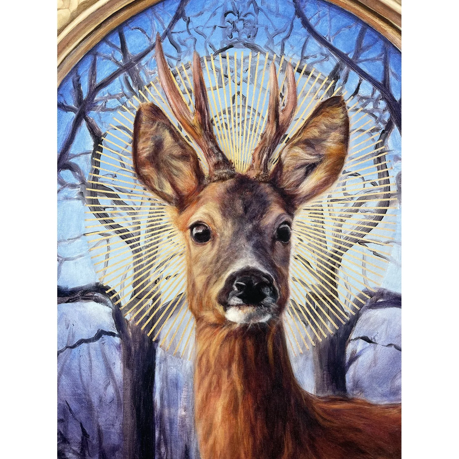 Giclee art print of a roe deer buck with a sunburst halo against a background of mirrored winter trees. Available to buy. By imaginative realism artist Karina Tarin.