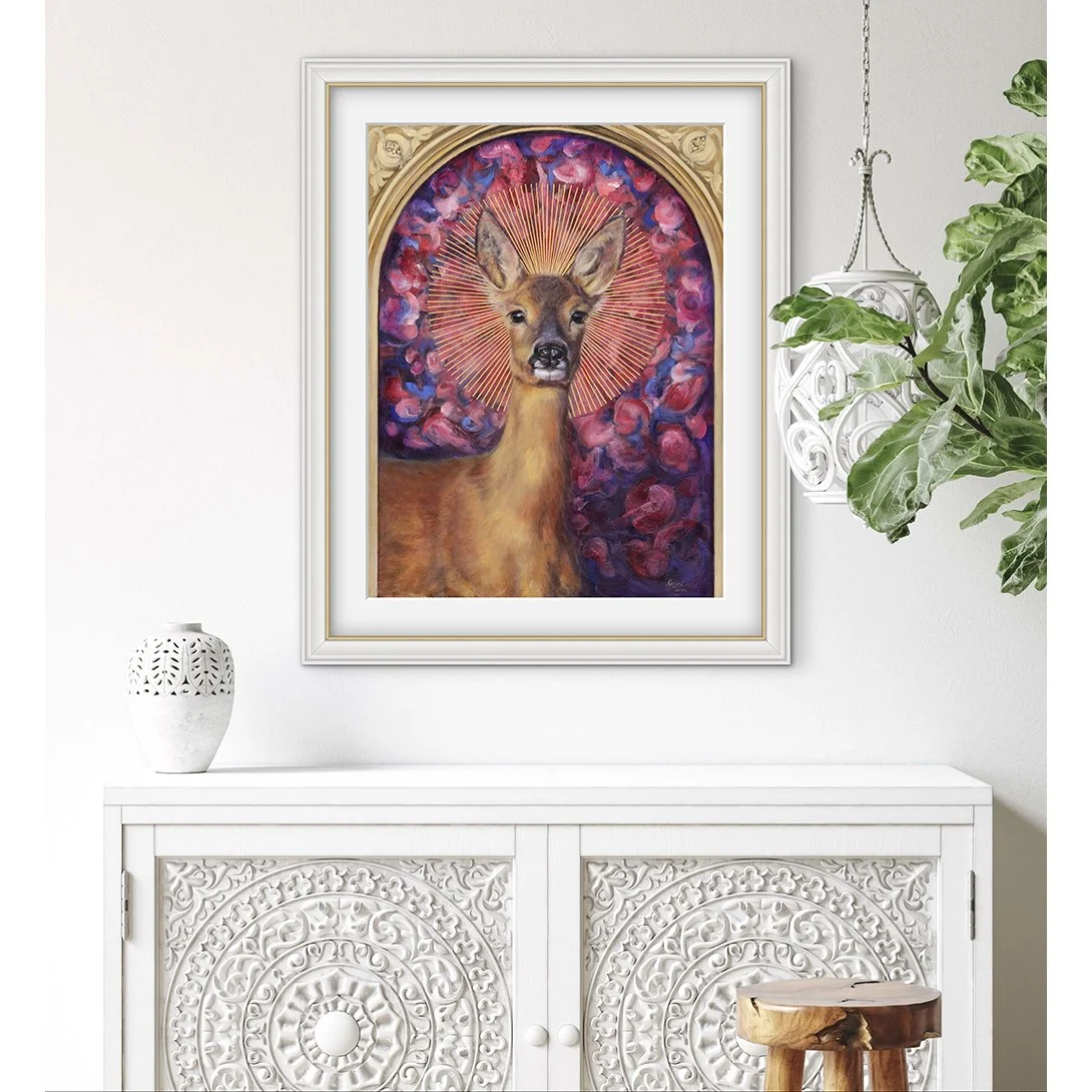 Limited edition art print of a beautiful roe deer on a white wall. This roe deer buck has a sunburst halo against a background of petals. Deer prints available to buy