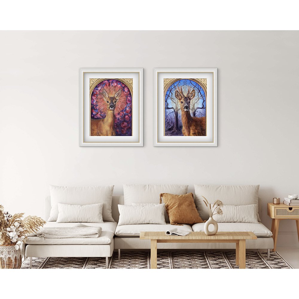 Two beautiful giclee prints of deer, framed and hanging on the wall of a sitting room. One shows a female roe deer, and the other shows a male roe deer. Art prints available to buy from Karina Tarin
