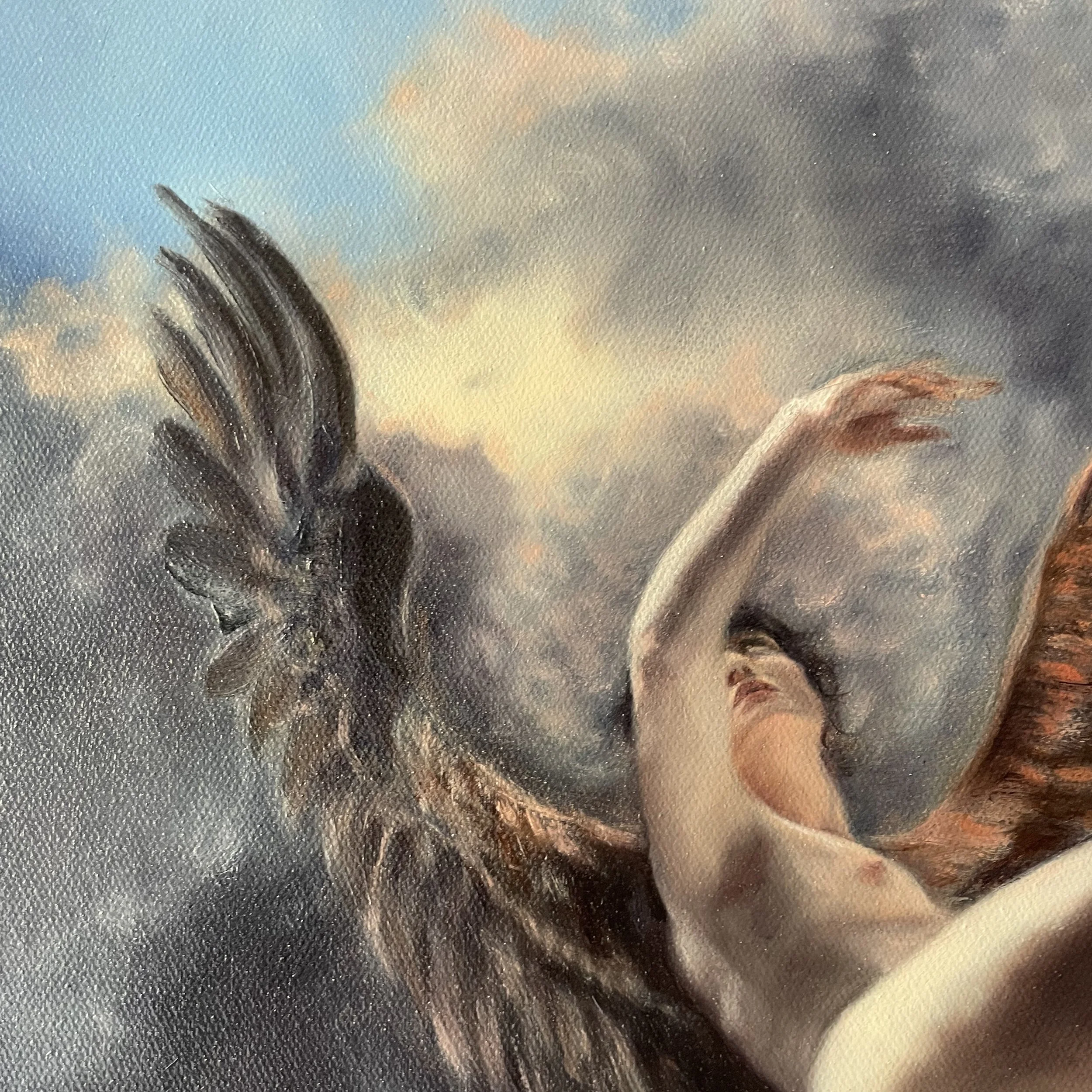 An original oil painting of a falling angel with large beautifly wings. By British contemporary artist Karina Tarin.