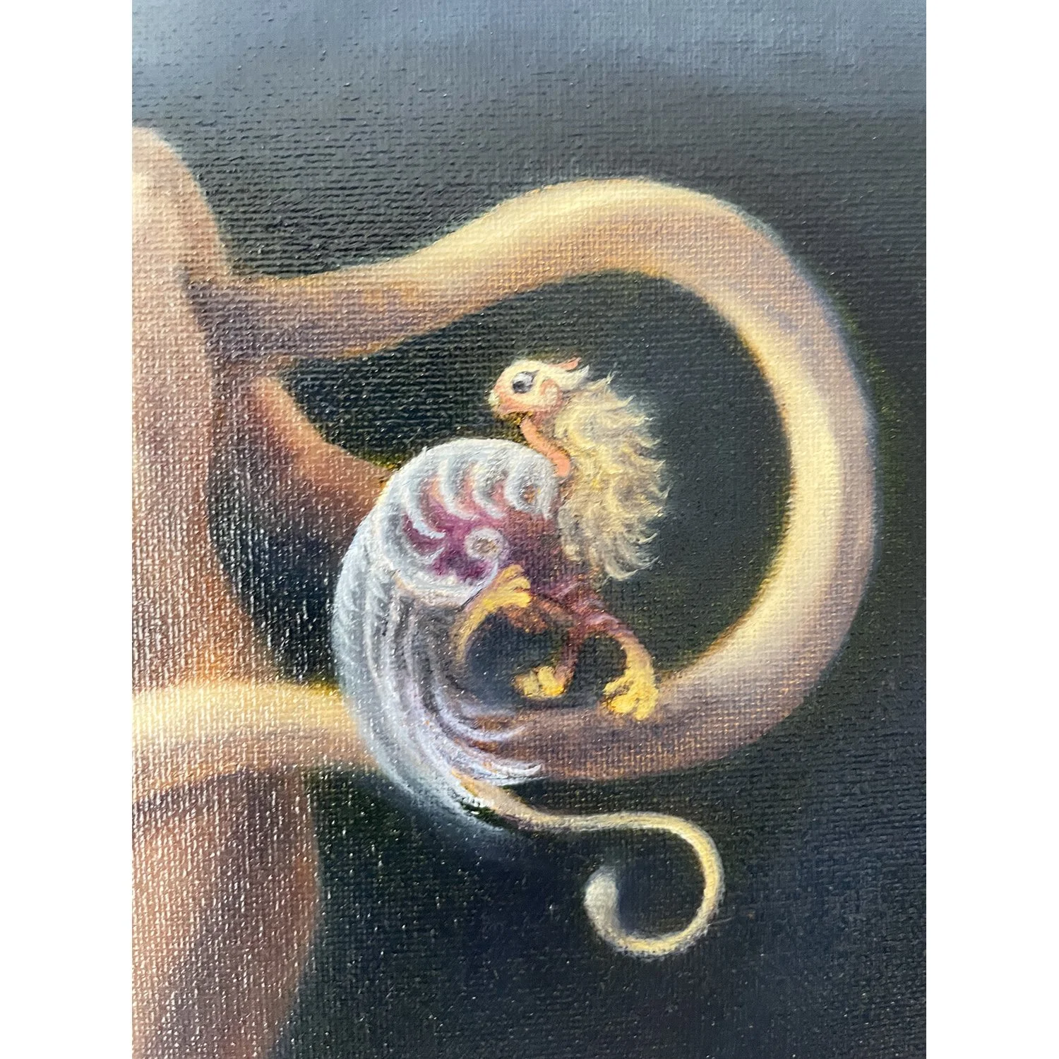 Detail of Resurrection, a goddess painting, showing a symbolic winged lioness and golden snake detail. By narrative painter Karina Tarin