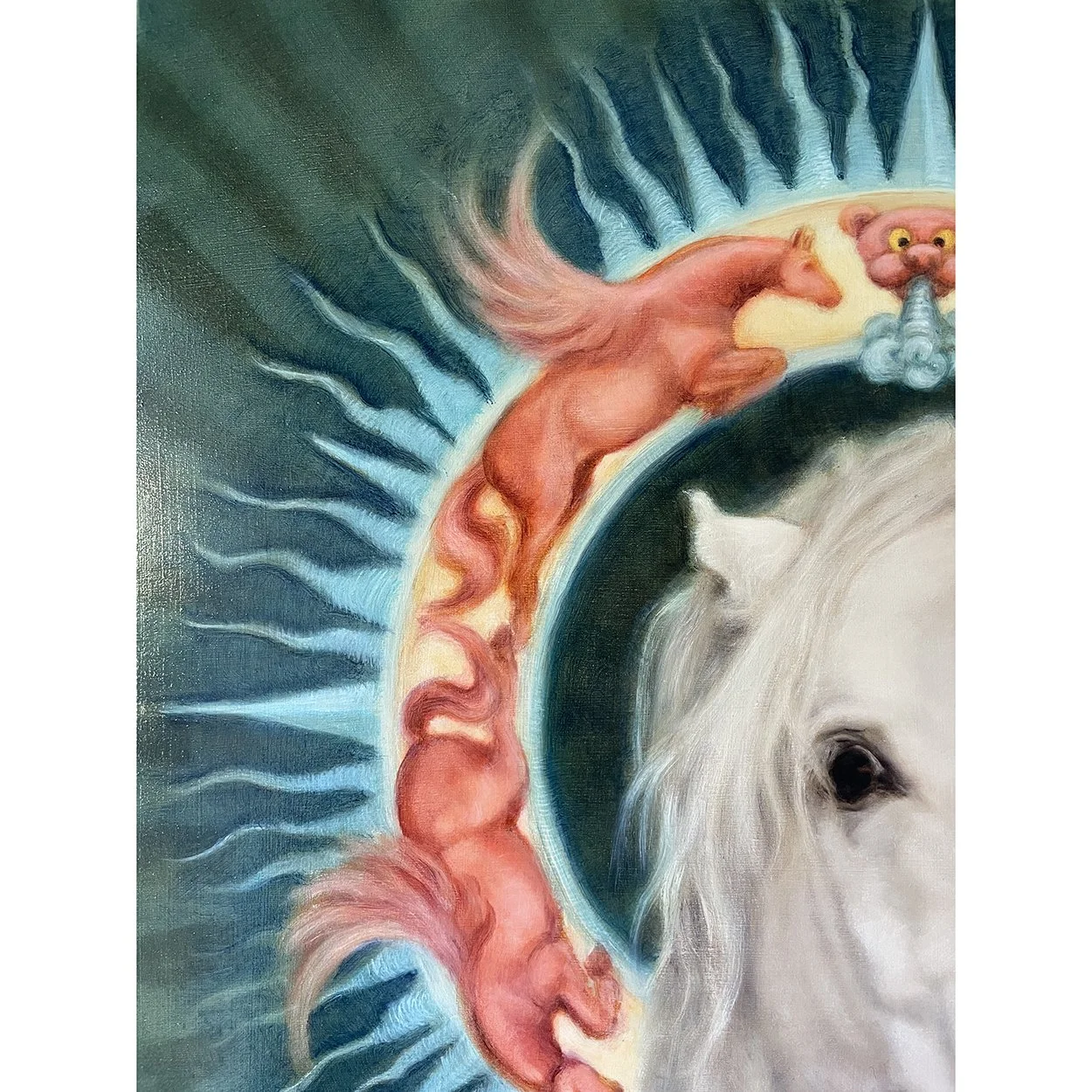 Detail of a painting of Aeolus, greek god and keeper of the winds. In this equine painting Aeolus is depicted as a horse, surrounded by winged horses in his halo, symbolising the four winds.
