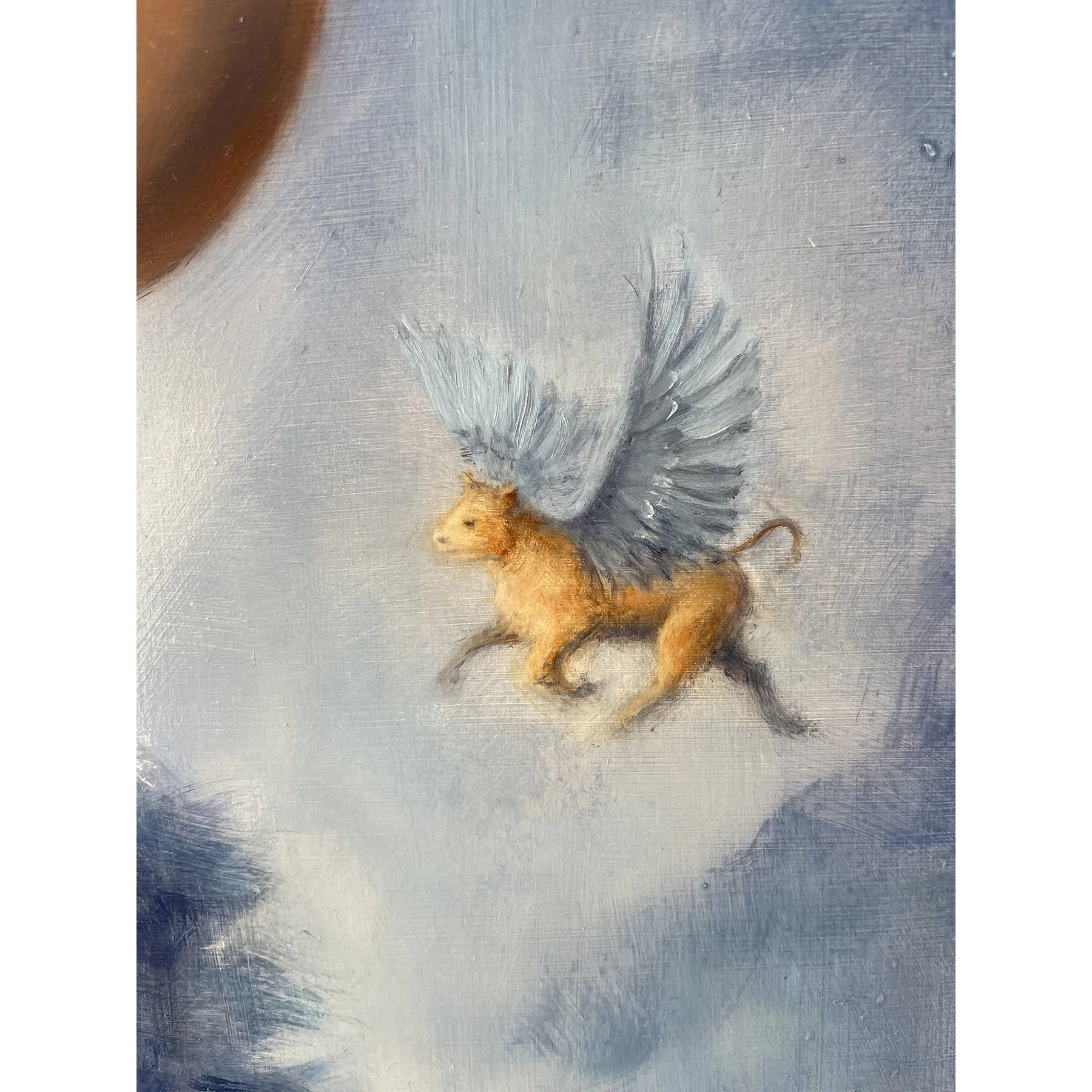 Detail of a flying cow or heifer calf from an original painting of Hera, Greek goddess, by Karina Tarin
