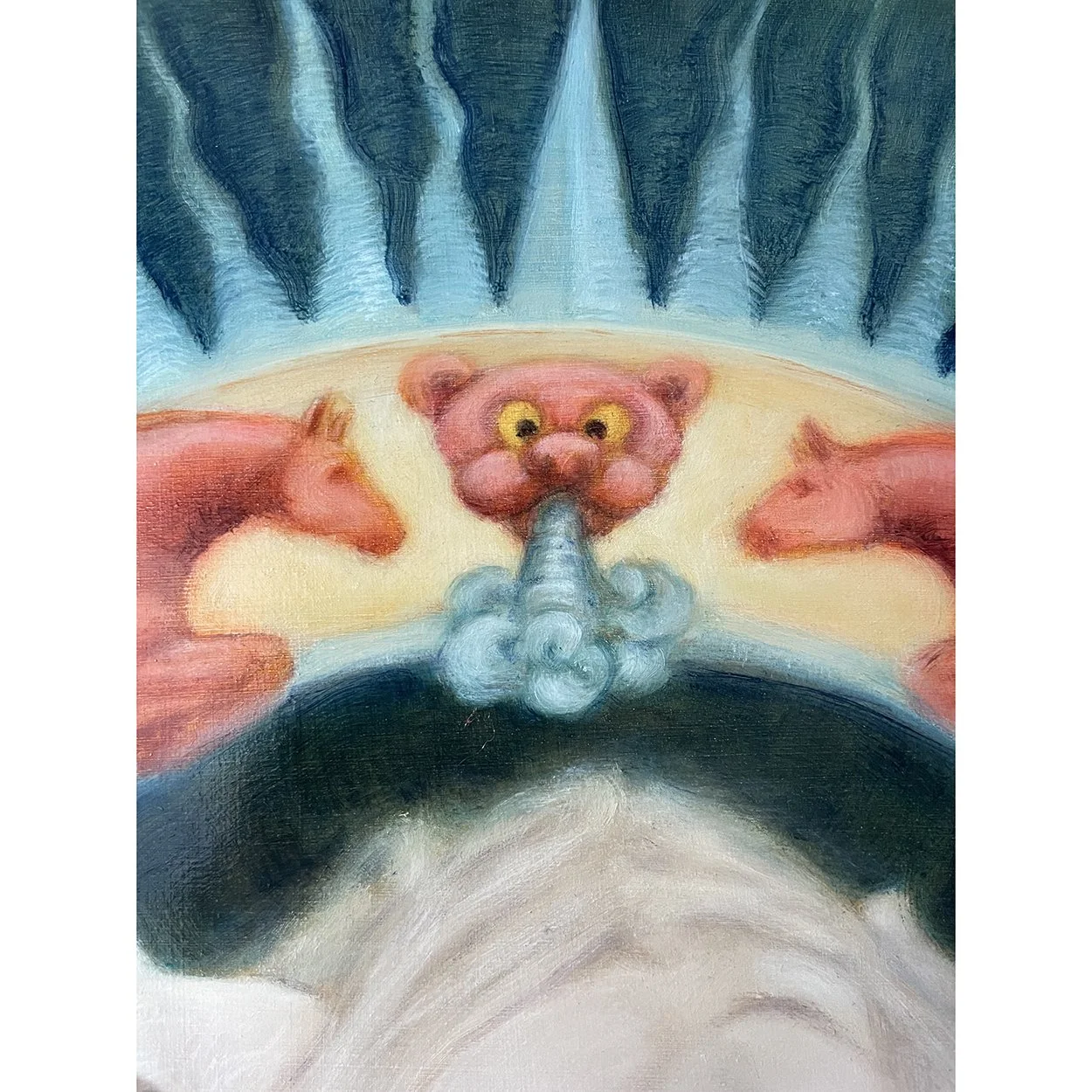 Detail of an oil painting of Aeolus, showing a pink panther or tiger face, blowing wind, together with two winged horses, symbolising two of the four winds.  By Karina Tarin.