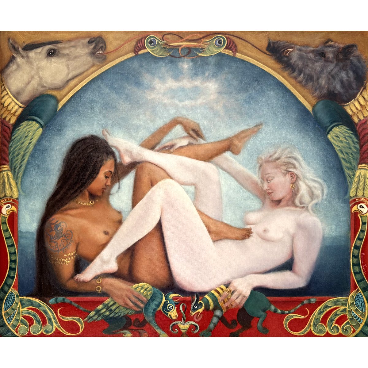 Pact, a narrative oil painting inspired by ancient goddesses and the merging Ancient Briton and Anglo Saxon people and cultures, rich with animal and mythical beast symbolism. By Karina Tarin.