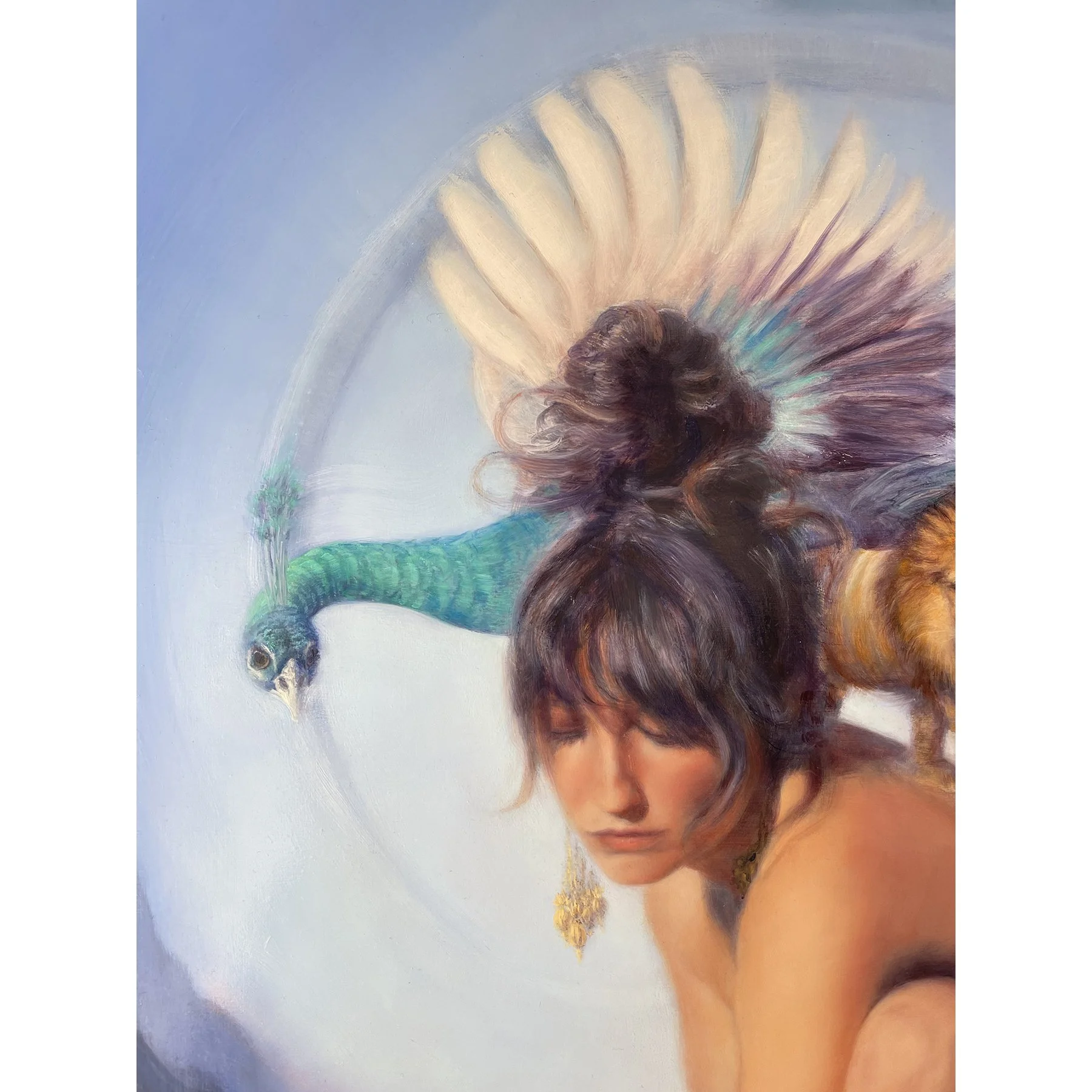 Oil painting detail of Hera’s face. Hera is Greek Goddess and Olympian queen of the gods, shown with a peacock and lion. By contemporary artist Karina Tarin