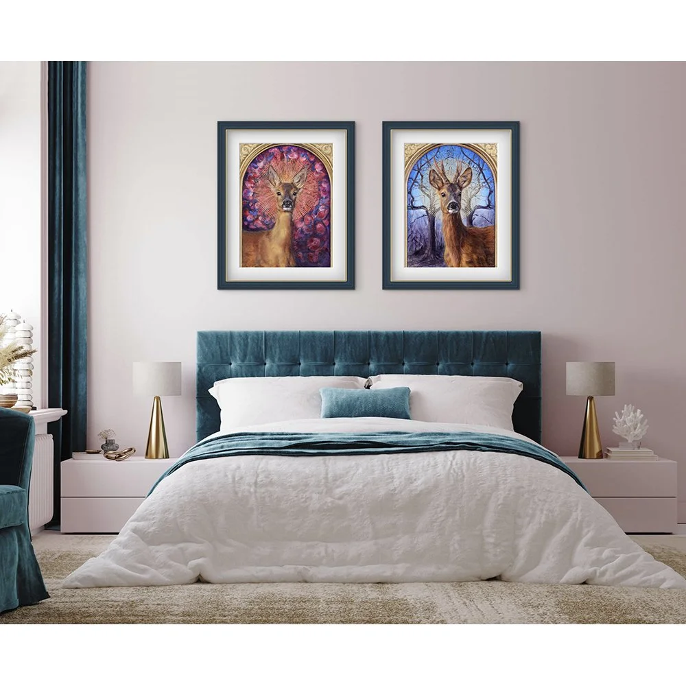 Two beautiful giclee prints of deer in a bedroom. One shows a female roe deer, and the other is a male roe deer buck. Prints available to buy from Karina Tarin